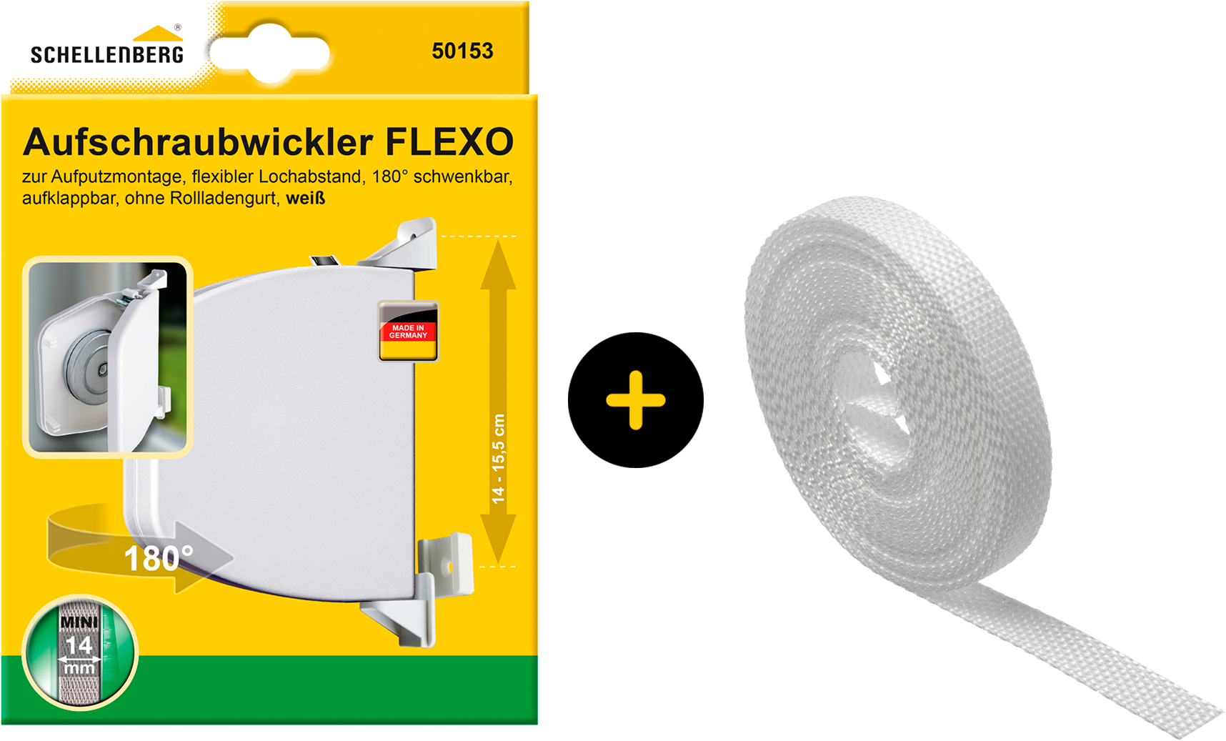 SCHELLENBERG Aufputz-Gurtwickler "Flexo für das Rollladensystem Mini, inkl. Rollladengurt in weiß" Set, 1 Stk. tlg. Aufschraubwickler aufklappbar, höhenverstellbar, 180 schwenkbar weiß
