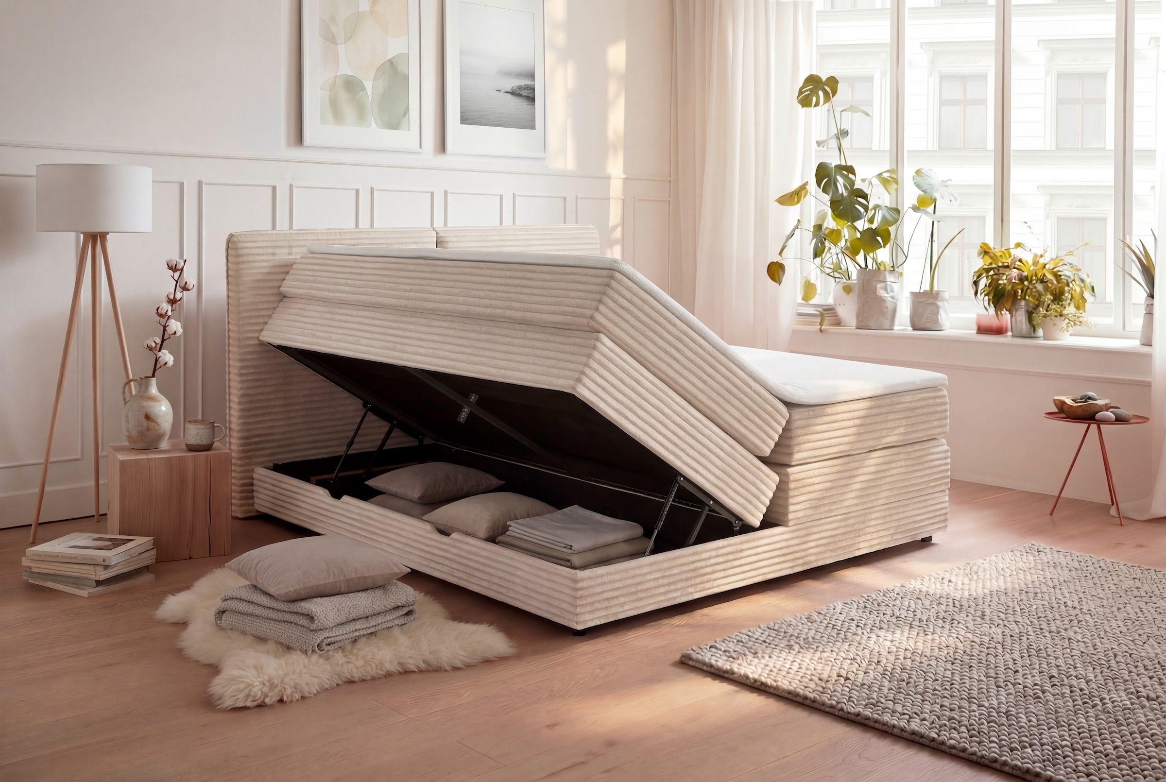 Home affaire Boxbett »VÄSTERVIK, Polsterbett mit Bettkasten und Taschenfederkernmatratze H3« mit Topper, kuscheliger Breitcord-Stoff, Liegefläche 180x200cm