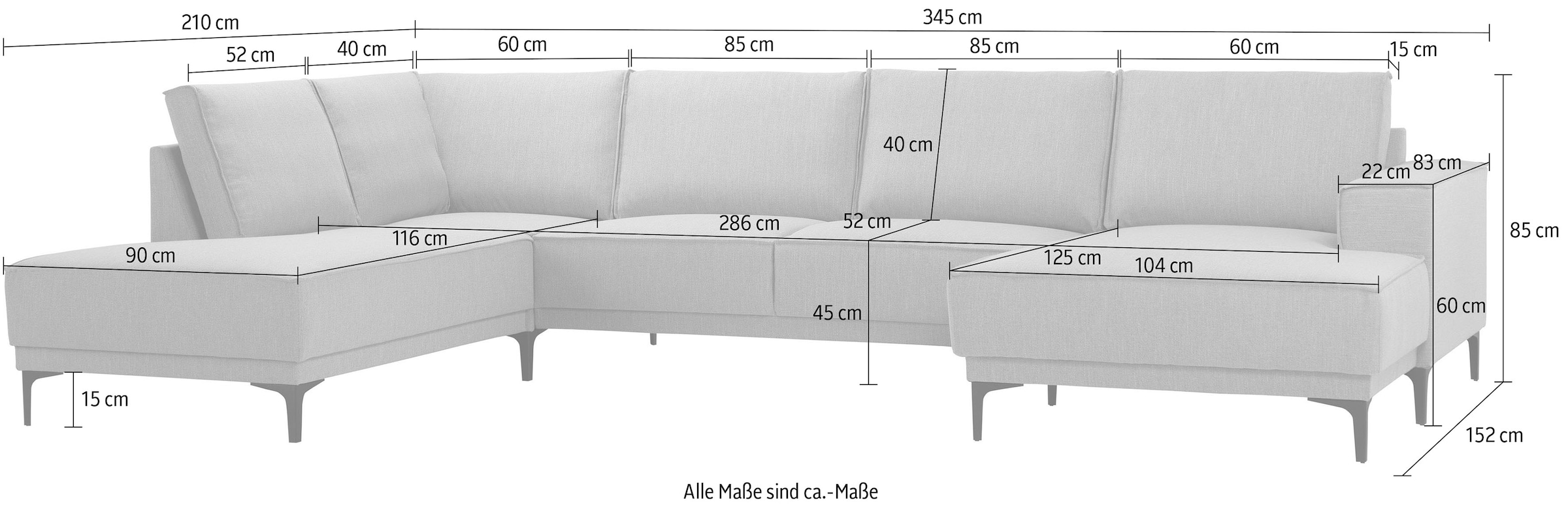 Places of Style Wohnlandschaft »XXL Sofa Oland, Struktur, Flachgewebe, Luxus-Microfaser, Boucle«, U-Form, 345 cm, Wellenunterfederung, Skandi-Design, Metallfüße