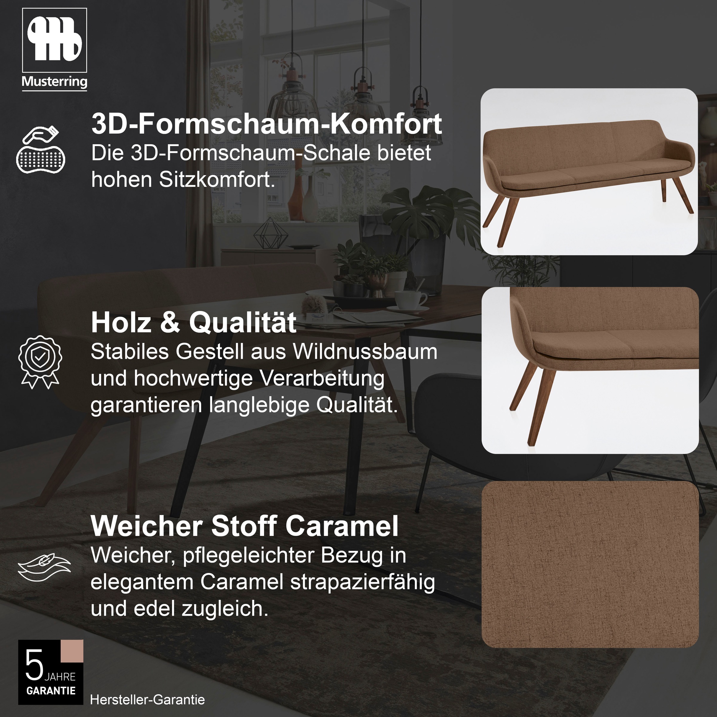 Essbank MUSTERRING "Tavia", braun (caramel, wild, nussbaum), B:180cm H:87cm T:66cm, 100% PES, Sitzbänke, Essbank, Stativgestell Wildnussbaum massiv geölt, Breite 180, 200 oder 220 cm 2