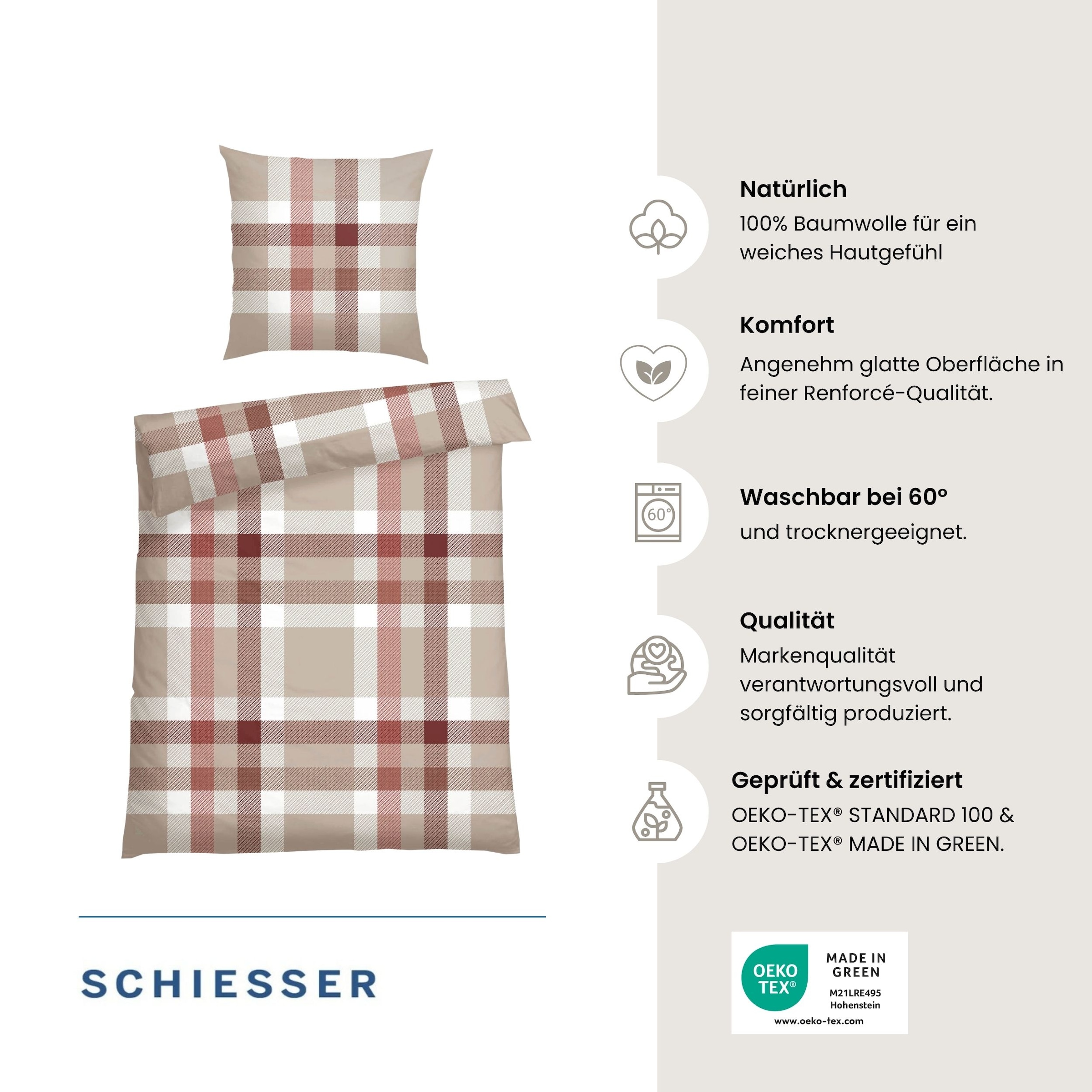 Schiesser Bettwäsche »Kris aus weicher Baumwolle mit markanten Karos« 2 Stk. OEKO-TEX® MADE IN GREEN