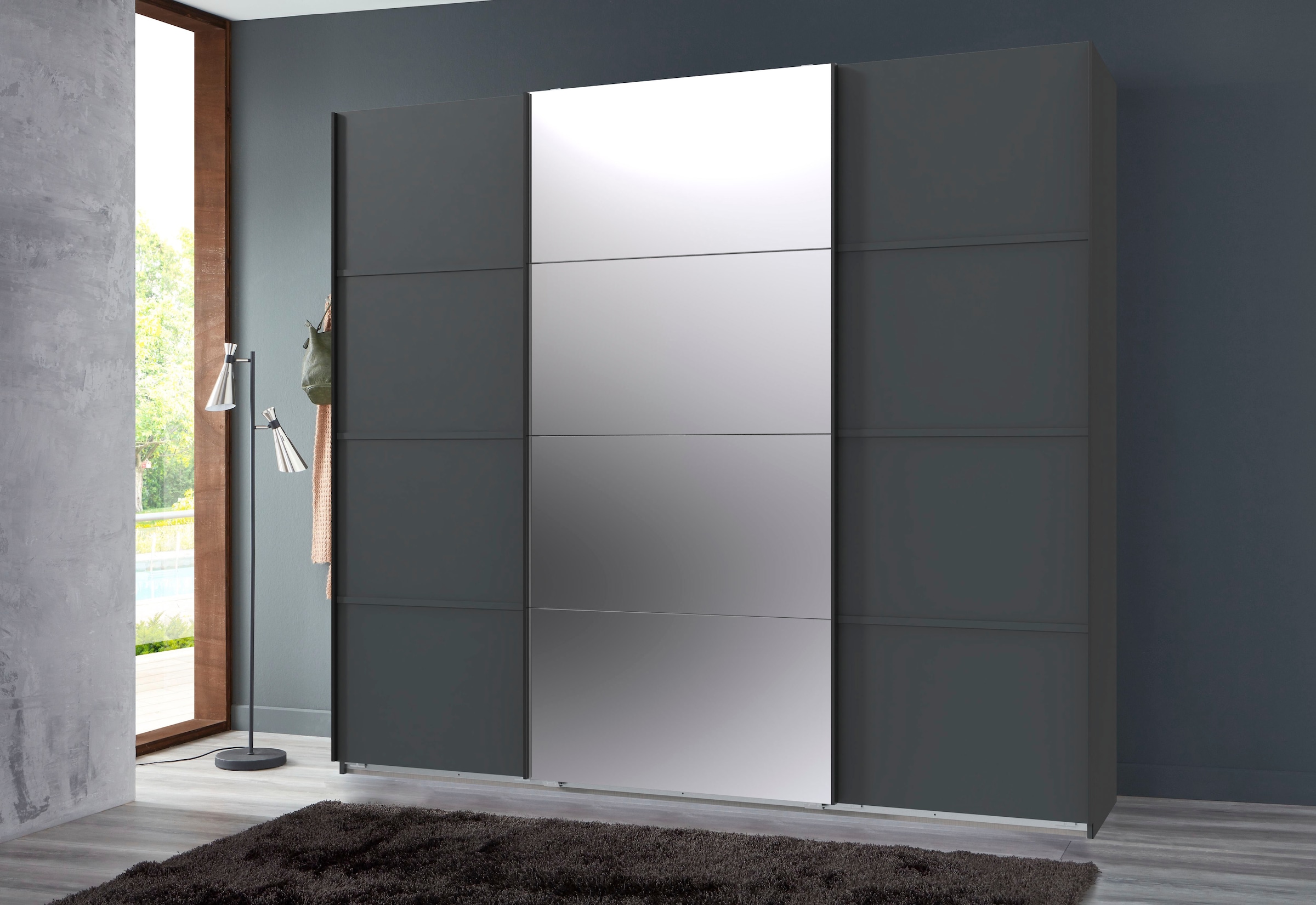 Wimex Schwebetürenschrank »Jork Kleiderschrank mit Spiegel, schwarze Metallgriffe«, Schrank in verschiedenen Größen und Innenausstattungsvarianten