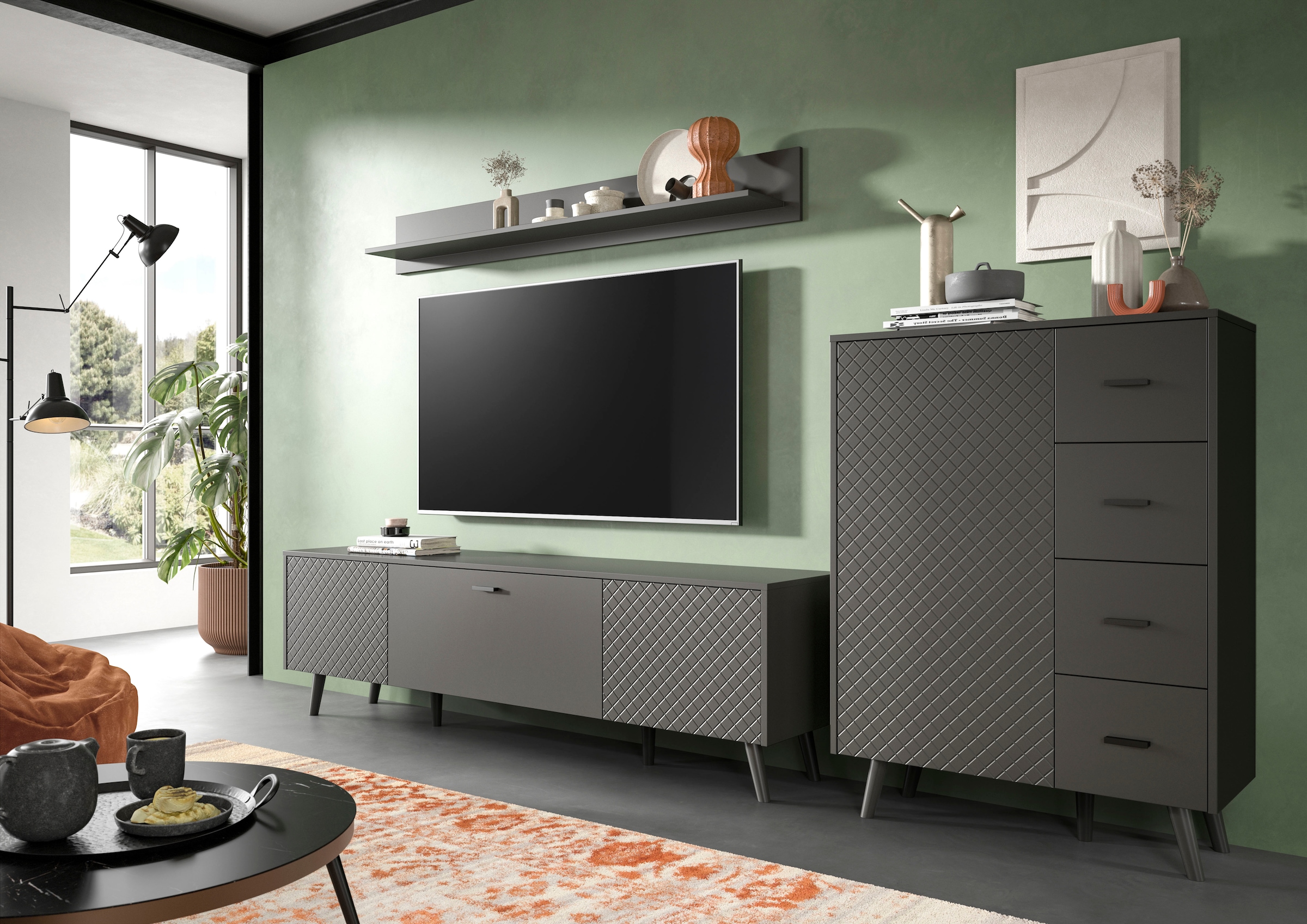 Home affaire Wohnwand »RHOMBUS, hochwertige MDF-Front mit Karo-Optik« Set, Wohnkombination, Wohn-Kombi, Kombi, Wohnzimmer, 3 Stk. tlg.