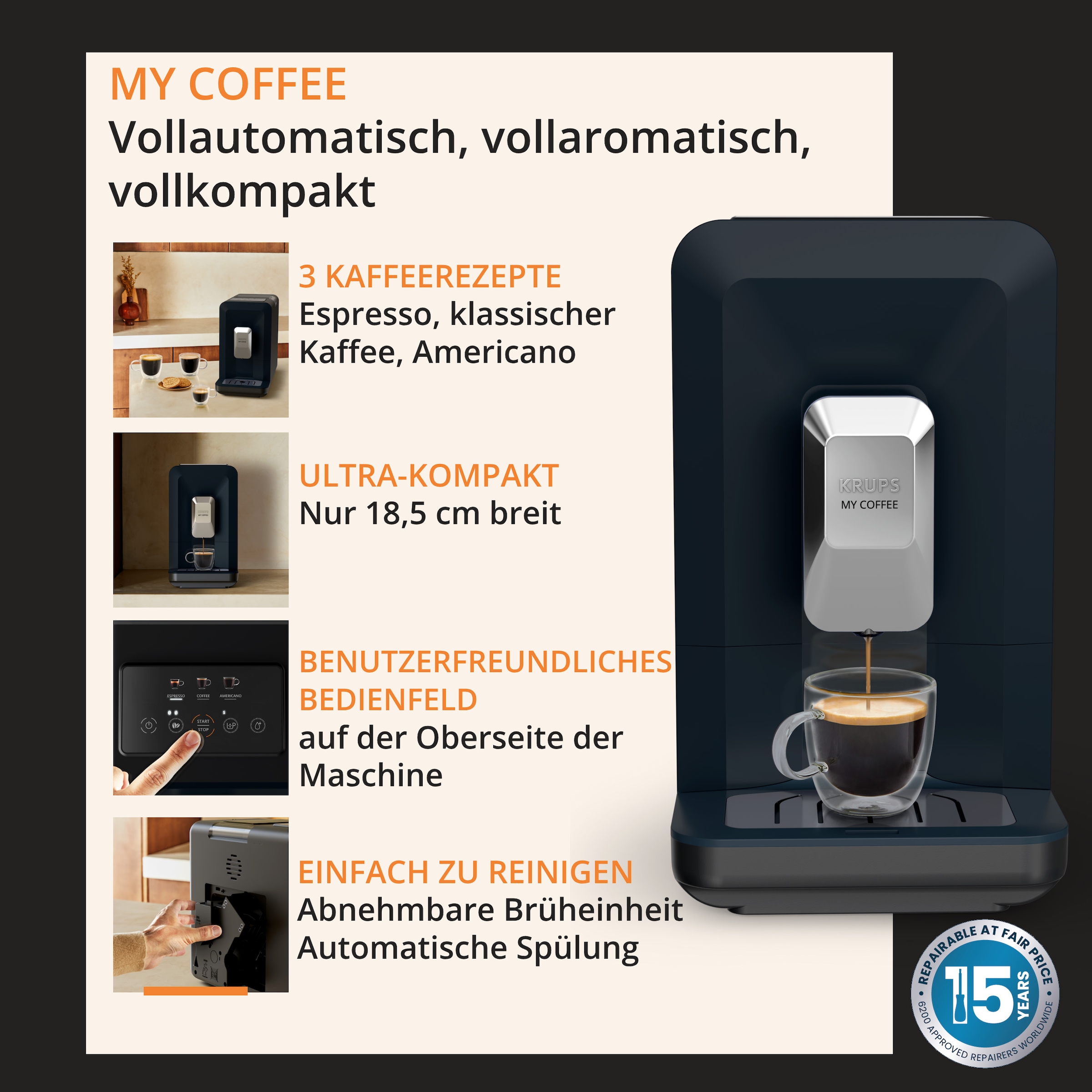 Krups Kaffeevollautomat »EA2004 My Coffee« super-kompakt, 3 Rezepte, Touchpanel, einfache Reinigung und Pflege