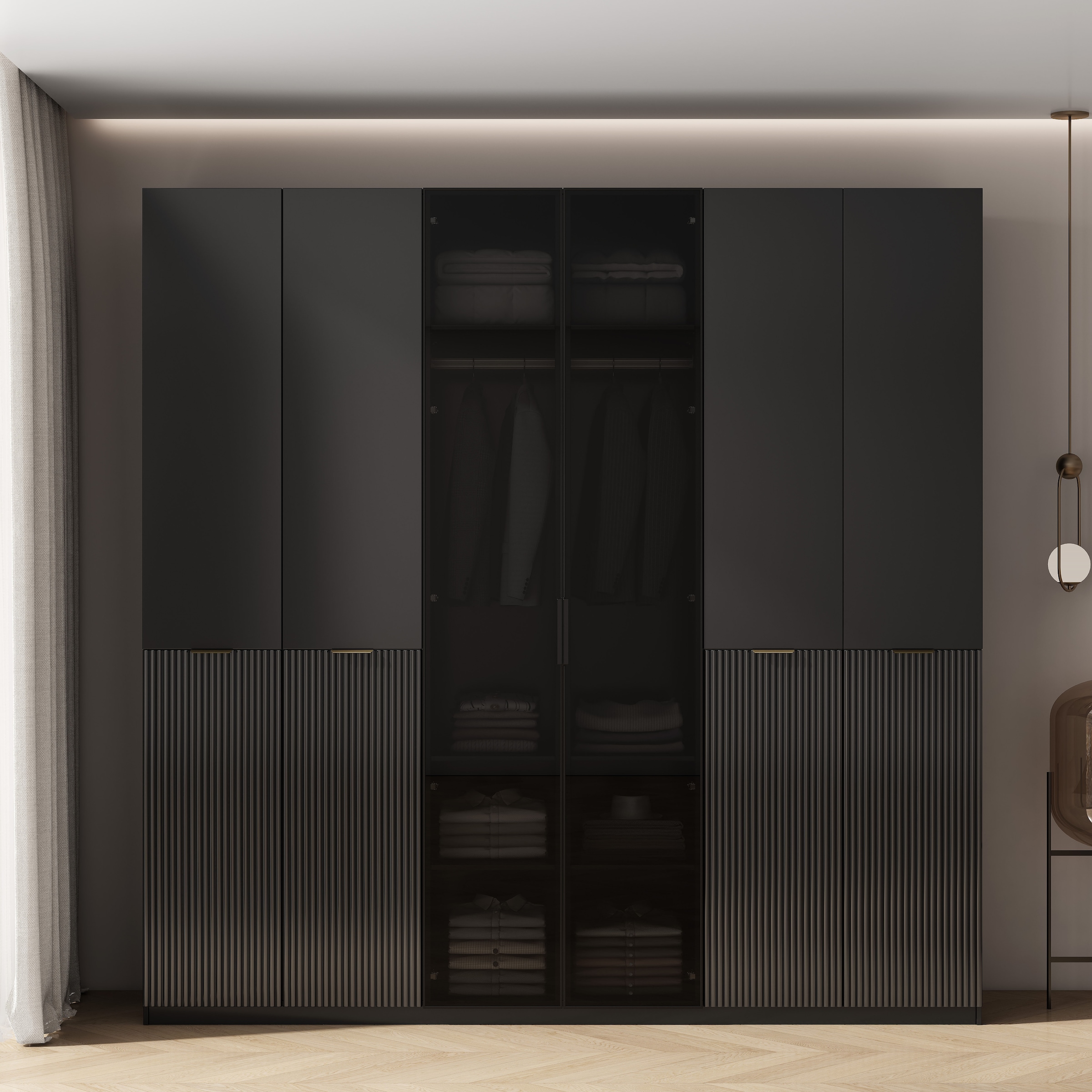OTTO home Kleiderschrank »Jorella Schlafzimmerschrank Garderobe mit Softclose Türen Glastüren« eleganter Schlafzimmerschrank Rillendesign Trend Breite 241cm Grauglas