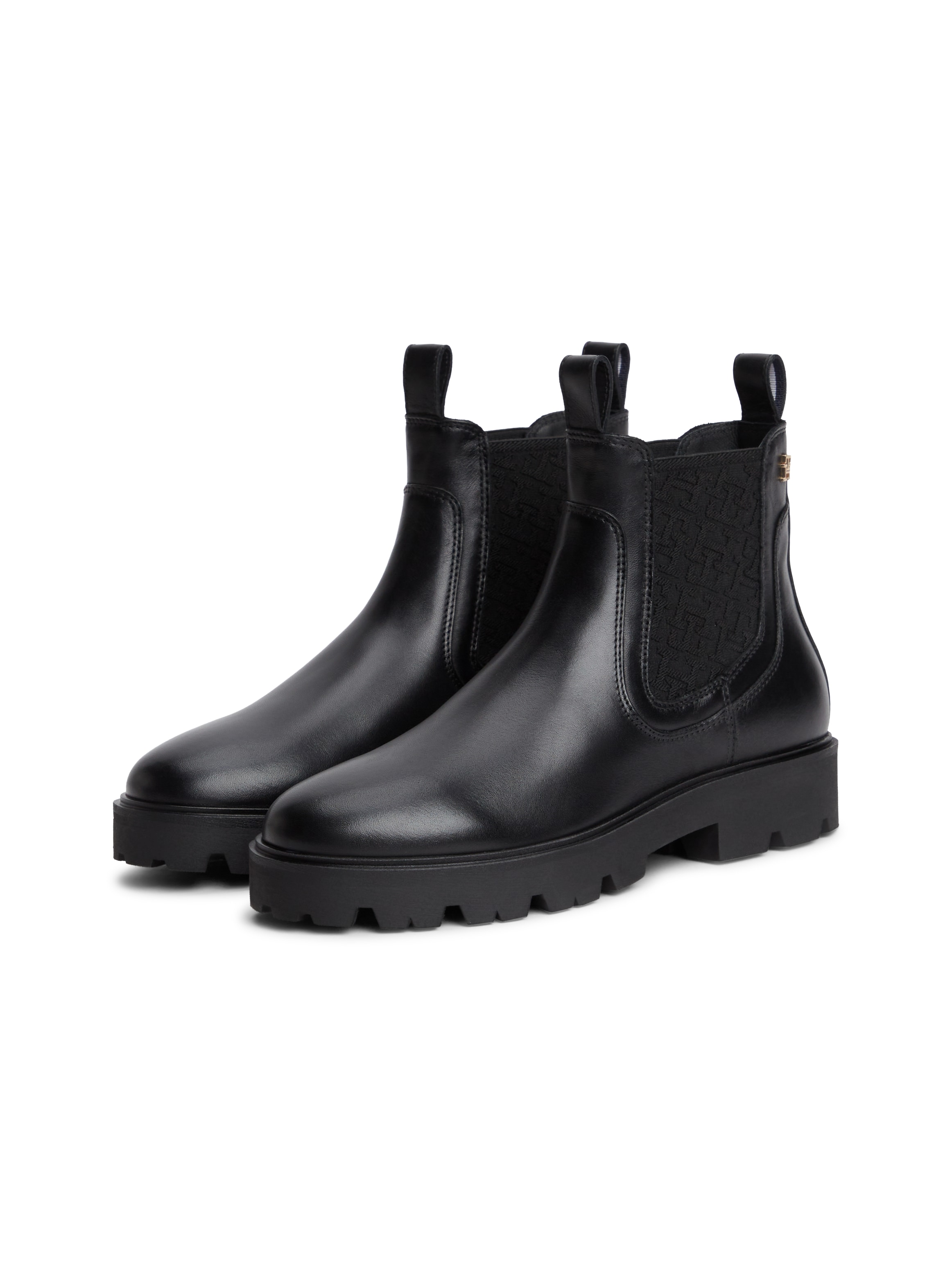 Tommy Hilfiger Chelseaboots "TH MONOGRAM LEATHER CHELSEA BOOT" Blockabsatz, Schlupfboots, mit beidseitigem Stretcheinsatz