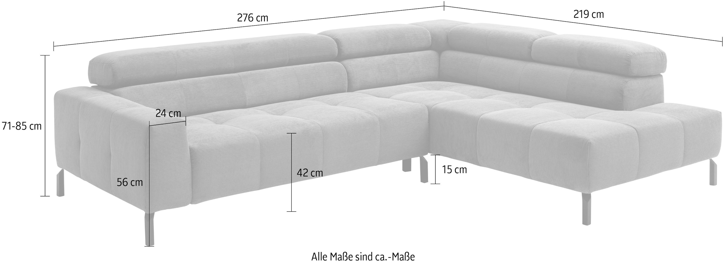 Places of Style Ecksofa »Cleveland, L-Form, incl. Kopfteilverstellung, Breite 276 cm«, wahlweise elektrischer Sitzvorzug