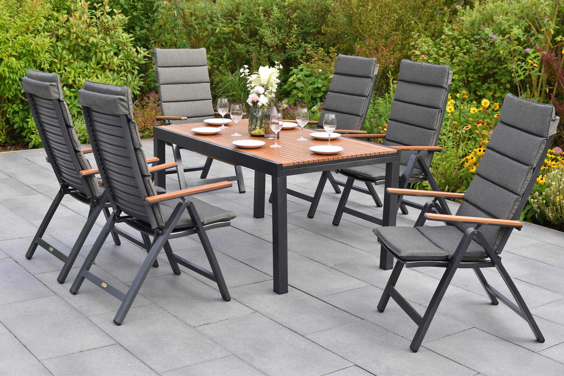 MERXX Garten-Essgruppe »Astros« Set, 13 tlg. inkl. 6 Klappsessel, 6 Auflagen, 1 Ausziehtisch