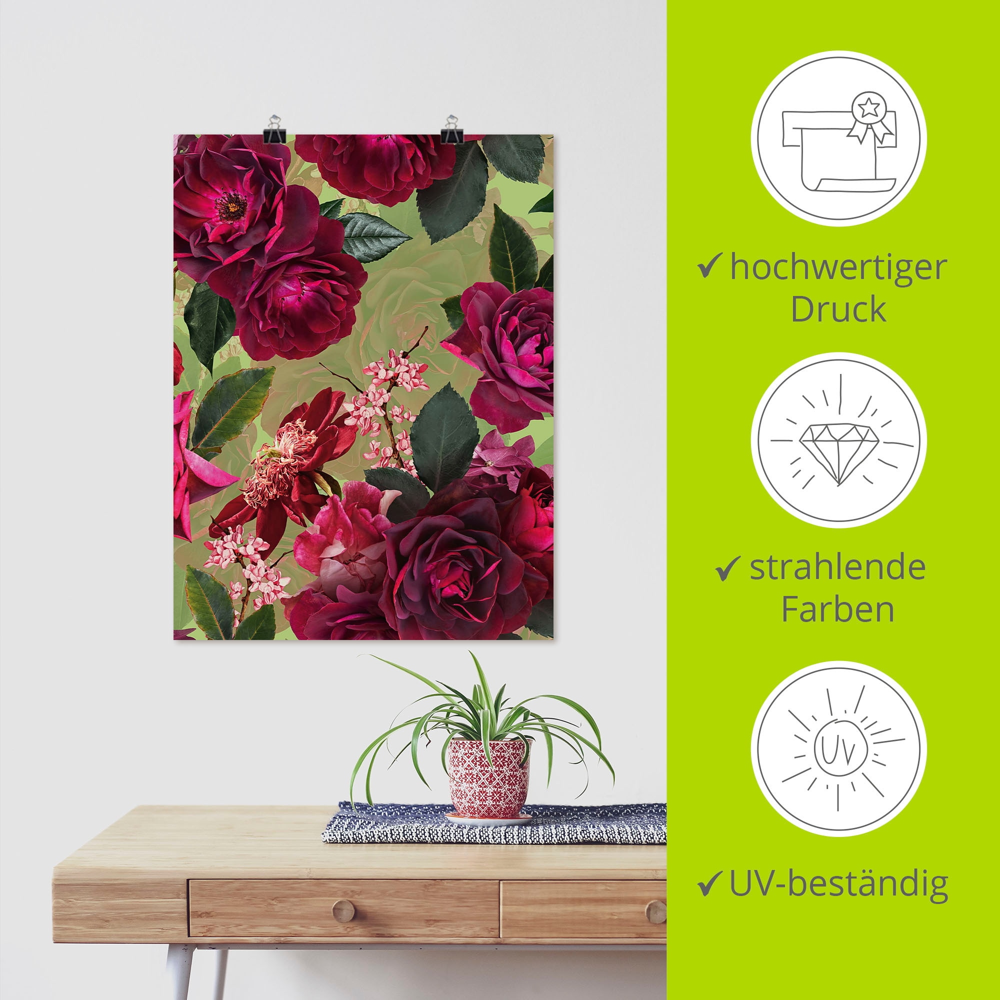 Artland Poster »Dunkle Rosen auf Grün« Blumenbilder 1 Stk. tlg. ohne Rahmen