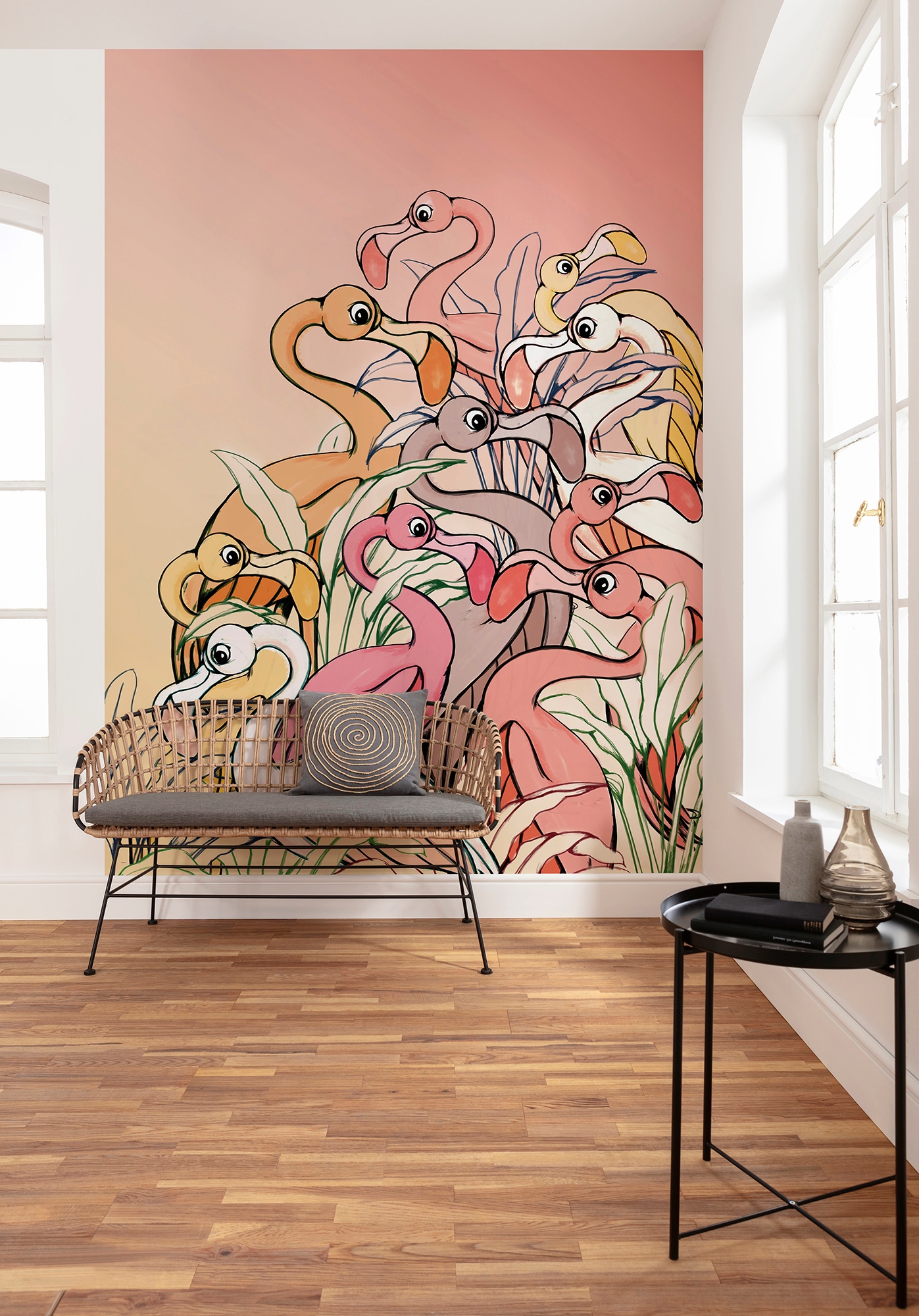 Komar Fototapete »Flamingos and Lillys«, Comic-mehrfarbig, 200x280 cm (Breite  x Höhe) auf Rechnung | BAUR