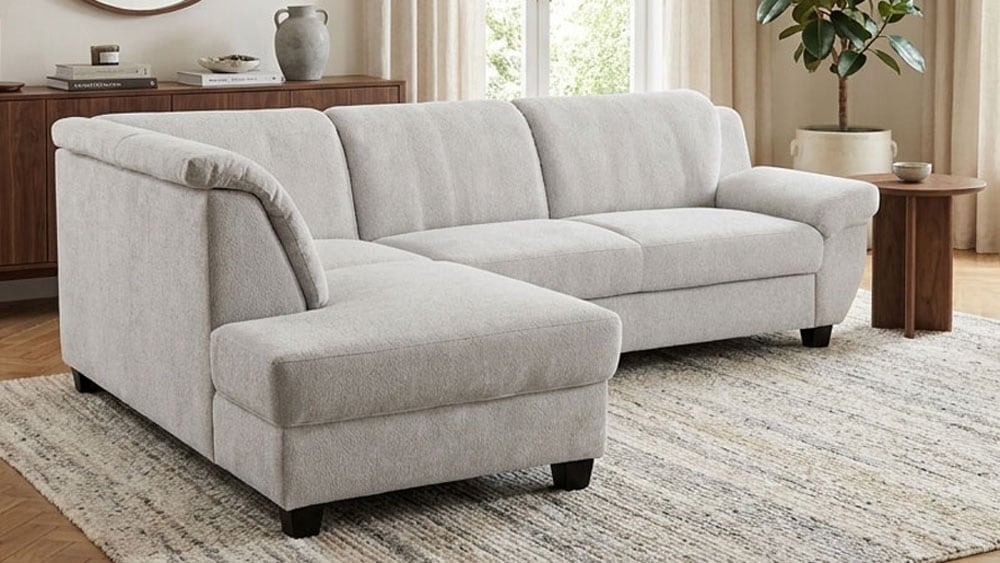OTTO home Ecksofa "Sillkeborg 254 x 186 cm, formschönes Sofa mit dunklen Füßen" aus pflegeleichtem, weichem Luxus-Microfaser