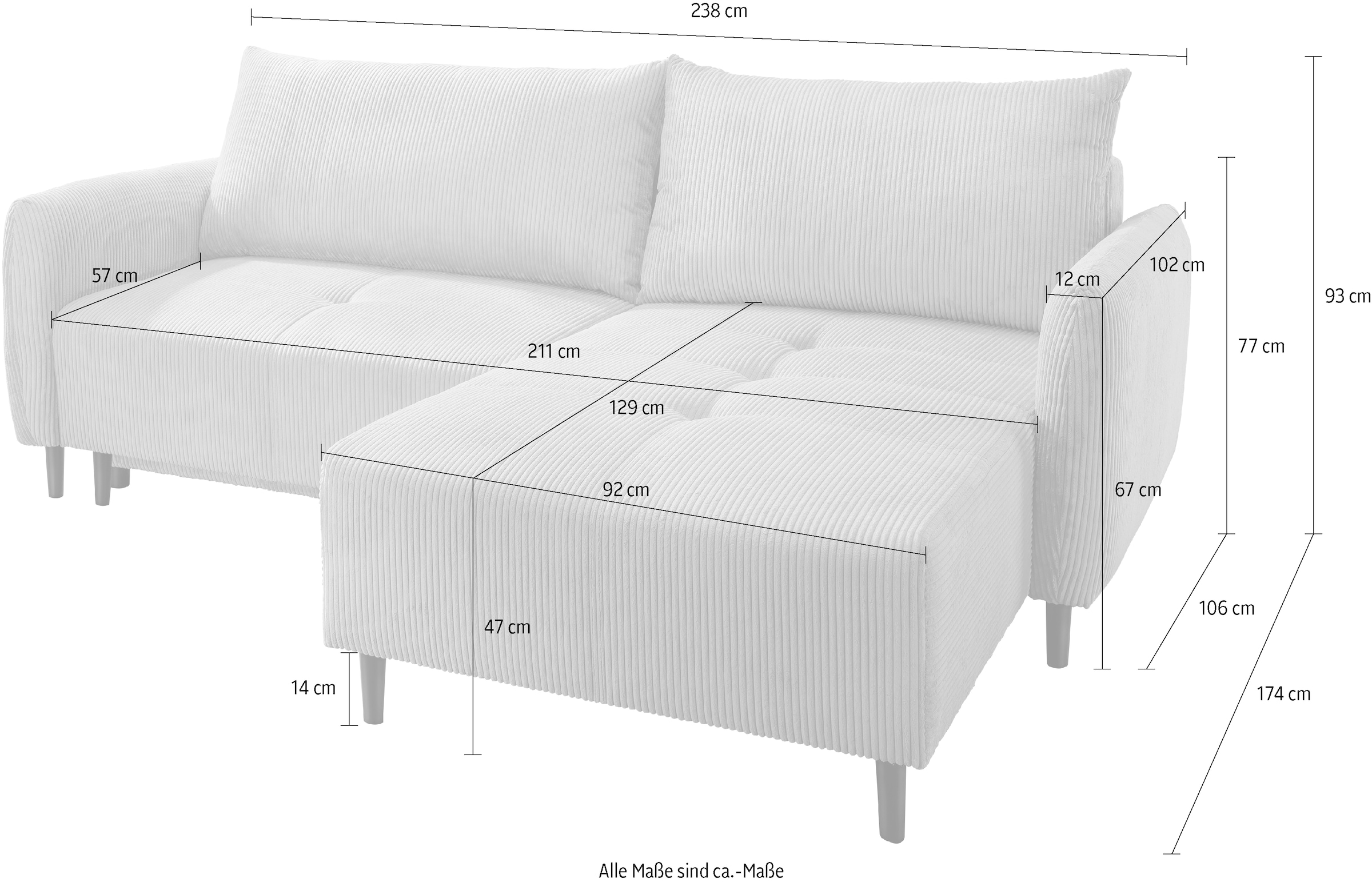 INOSIGN Ecksofa »Mara, aktueller Cord Bezug, wahlweise mit Bett und Bettkasten«, mit schmalen Armlehnen, Recamiere links und rechts montierbar, L-Form