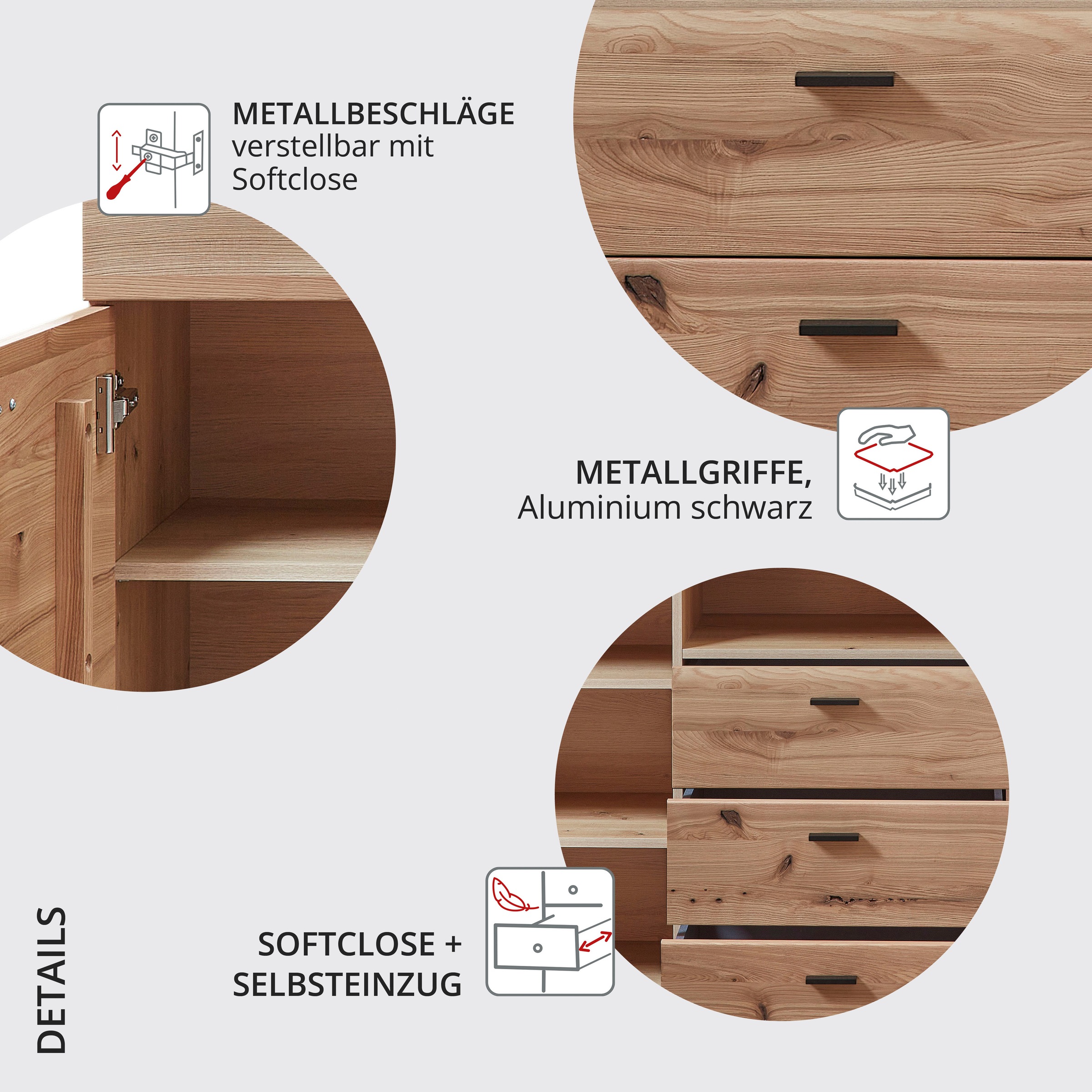 Wohnconcept Sideboard »Malaga Sideborad, 160x88x42 (BxHxT)« 1 Stk. tlg. Front Massivholz, 2 türig, 3 Schubladen, Softclose