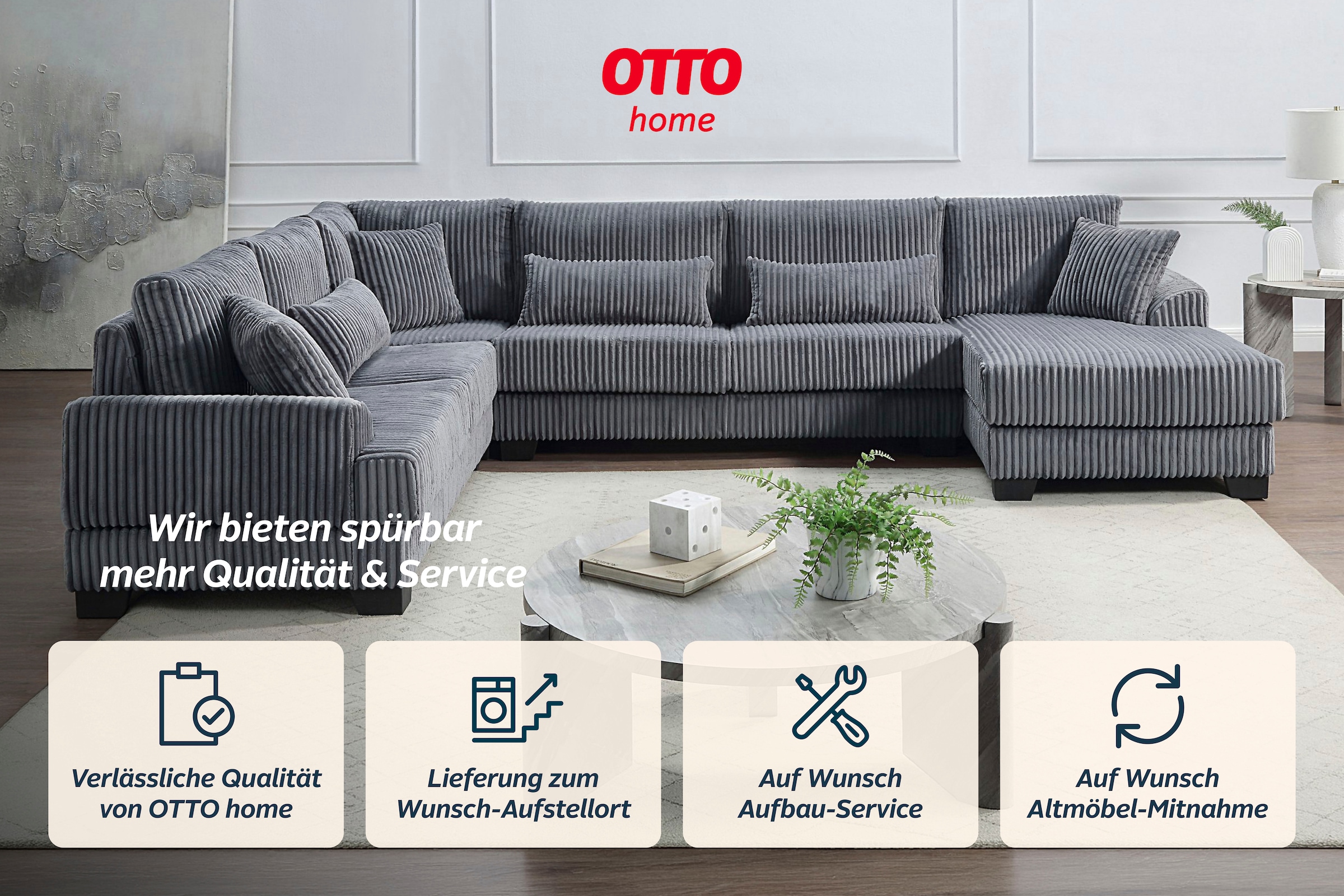 OTTO home Wohnlandschaft »Miron U-Form, B: 332 cm, weicher XXL-Cordbezug« Sofa mit Federkern, 6 Zierkissen, Rücken echt bezogen