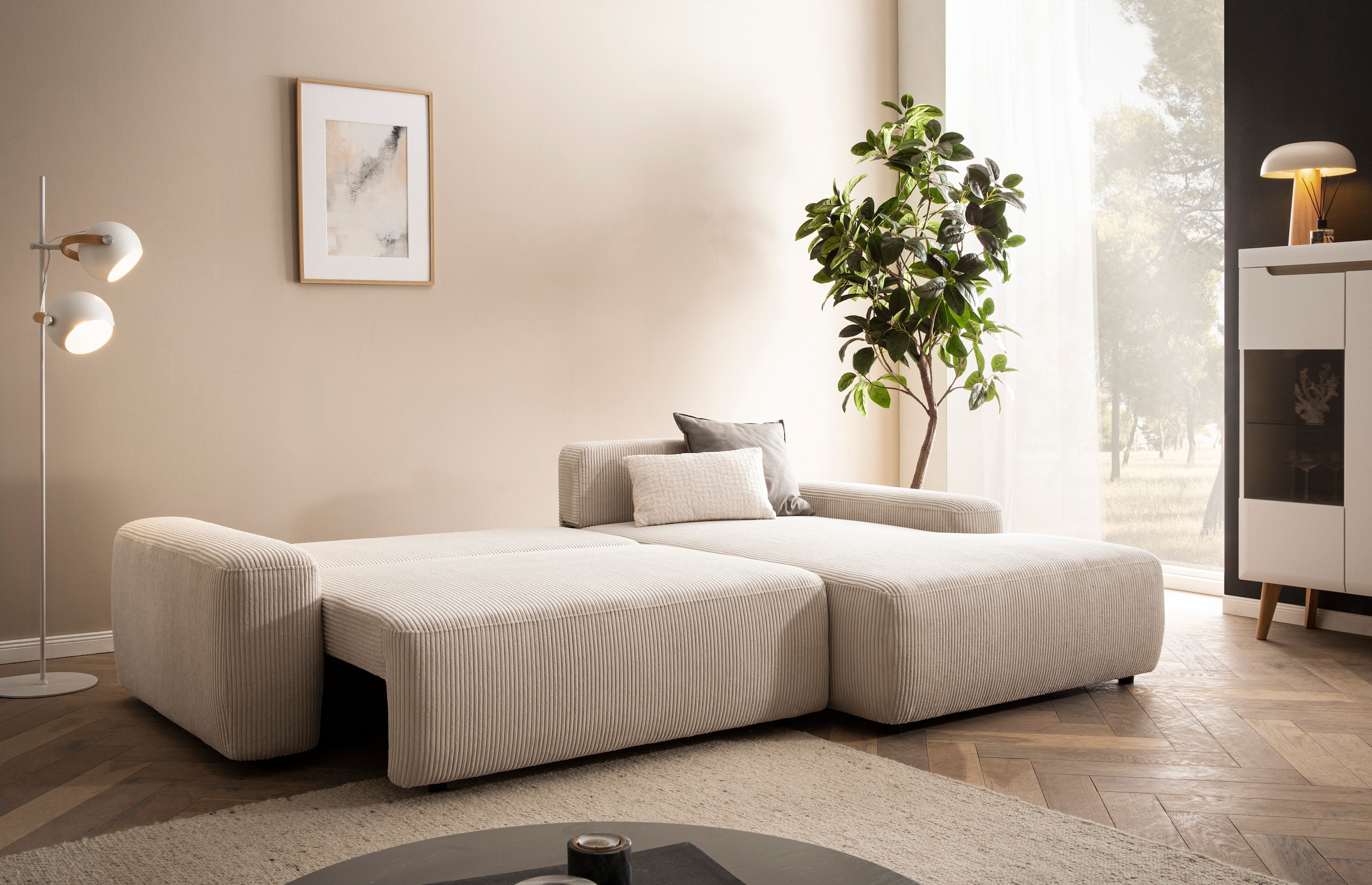 Home affaire Ecksofa »TORGE (264cm), Schlafsofa in Cord, Samtvelours o Struktur fein, L-Form« Schlaffunktion, Bettkasten, Liegefläche: 125/210 cm