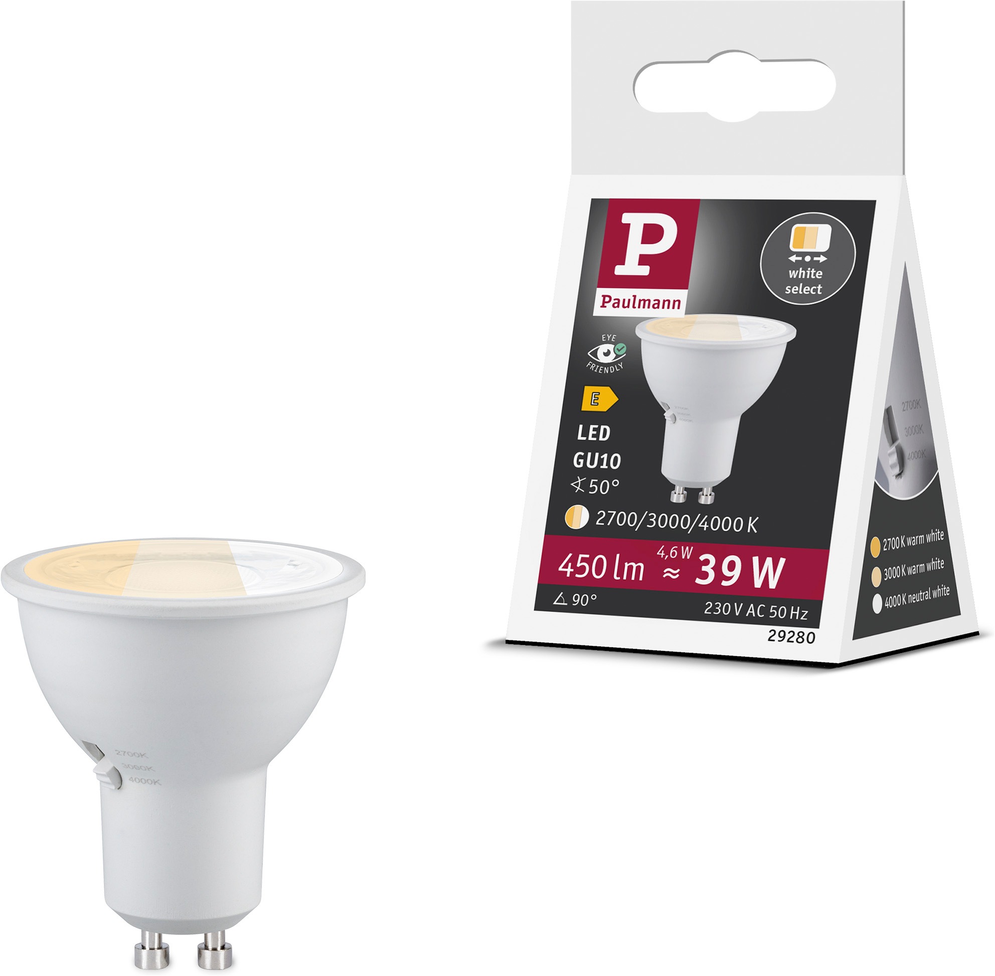 Paulmann LED-Leuchtmittel »450lm 3CCT DipSwitch 50° 4,6W 230V« GU10 1 Stk. Farbwechsler White Select