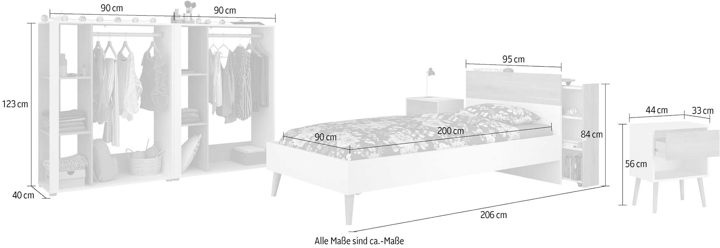 Parisot Jugendzimmer-Set »Parisot Aalborg 6«, (Set, 4 tlg.), offene Regale als Kleiderschrank mit Keiderstange und Stauraumfächern