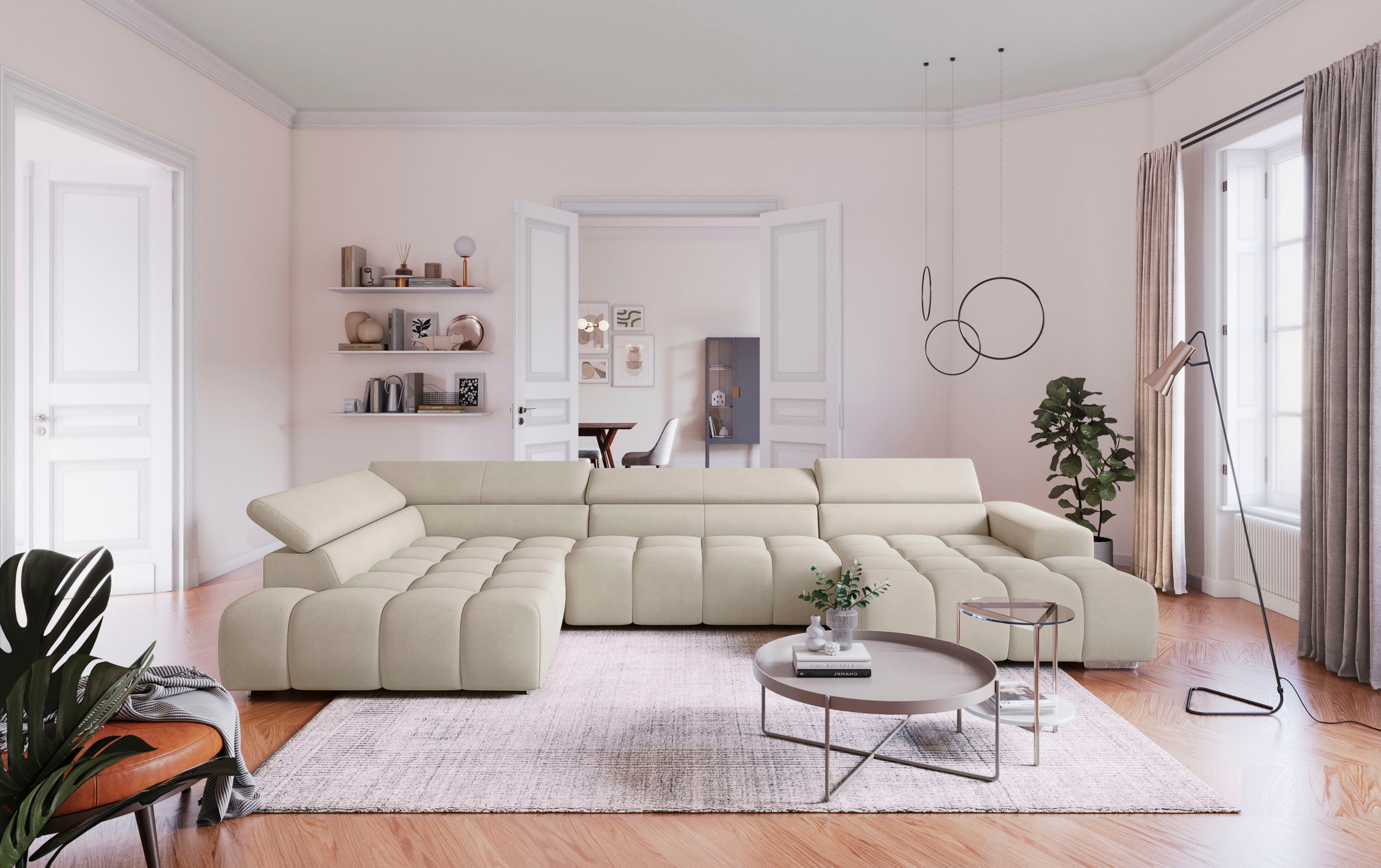 Wohnlandschaft COTTA, B:409cm H:73cm T:225cmnature, 90% Polyester, 10% Polyamid, Sofas, "Orion U-Form", mit Kopfteilverstellung & 6 Nierenkissen