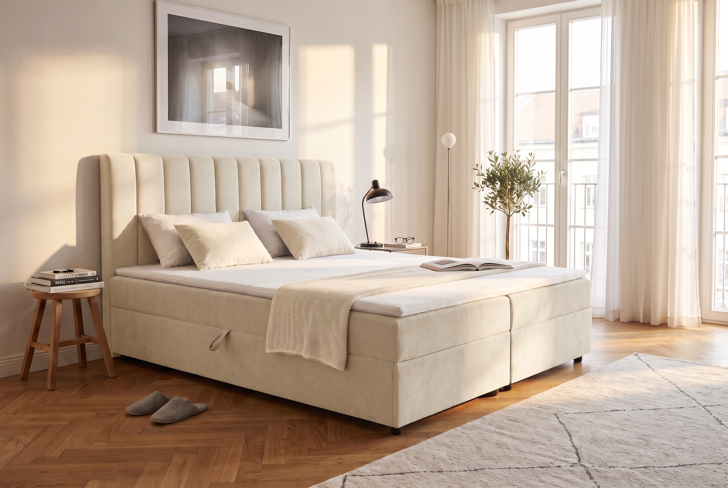 OTTO home Boxbett "HAILEYY, Polsterbett mit Bettkasten, inkl. Taschenfederkernmatratze H3" mit Kaltschaumtopper, Chenille-Bezug, 140x200 & 180x200 cm