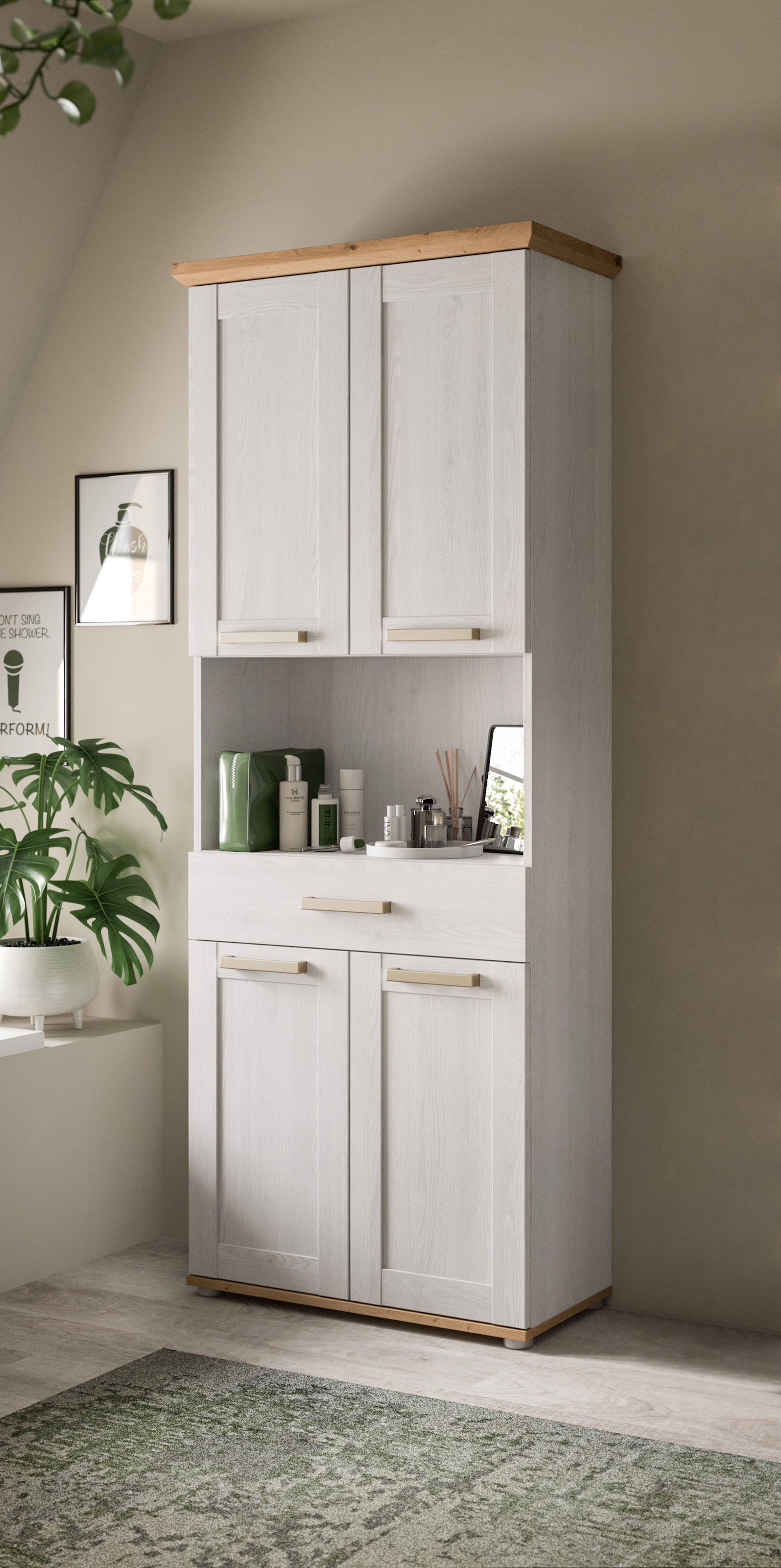 welltime Hochschrank »COSENZA, Höhe 187cm, 4 Türen, 1 Schubkasten, 1 offenes Fach« in Landhausoptik, mit weiteren Artikel der Serie kombinierbar, 1 Stk. tlg. Hochschrank, Bad, Badezimmerschrank