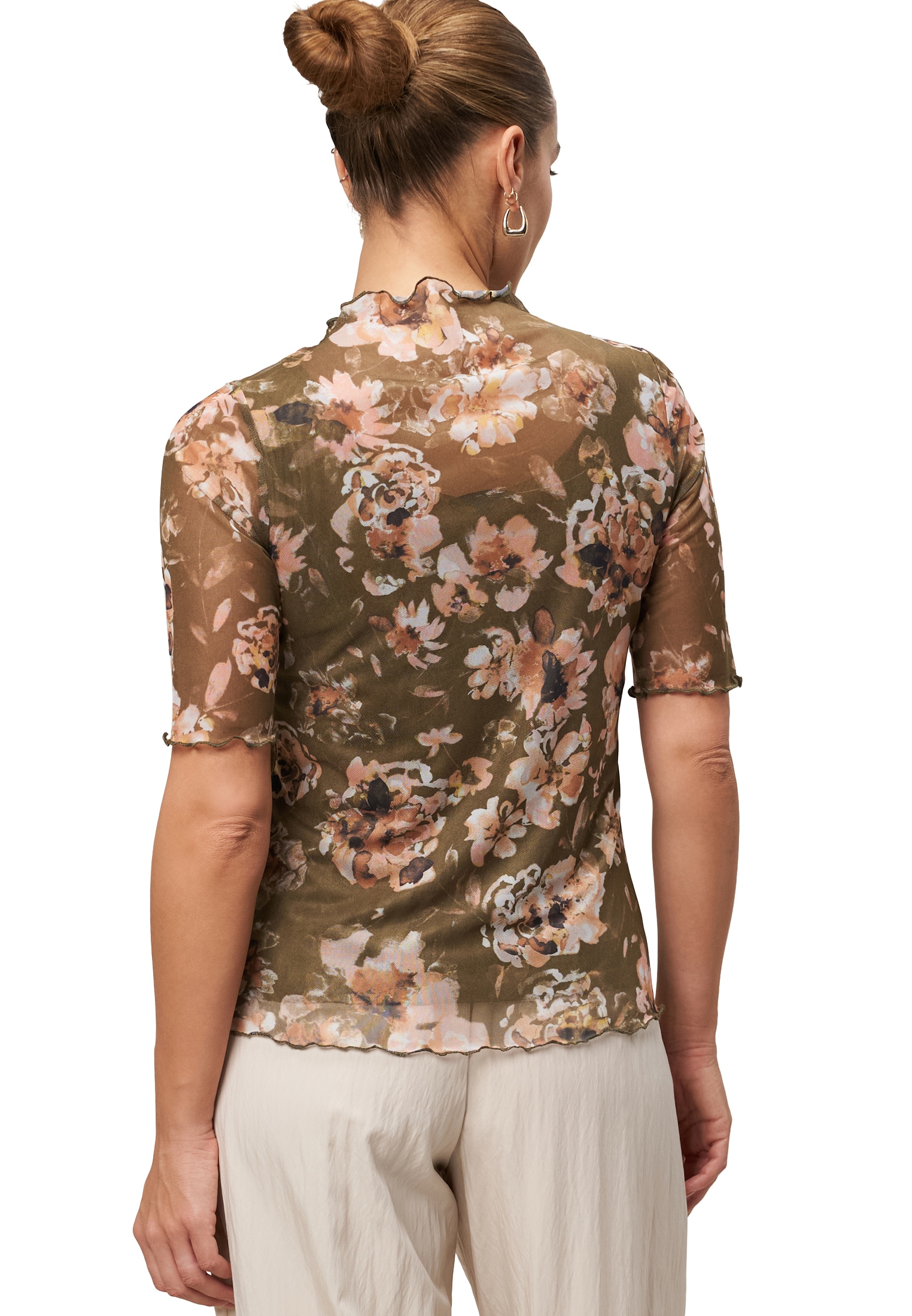 Zero Kurzarmshirt »zero Mesh-Blumen-Shirt mit hohem Kragen«, (1 tlg.), Rüschen