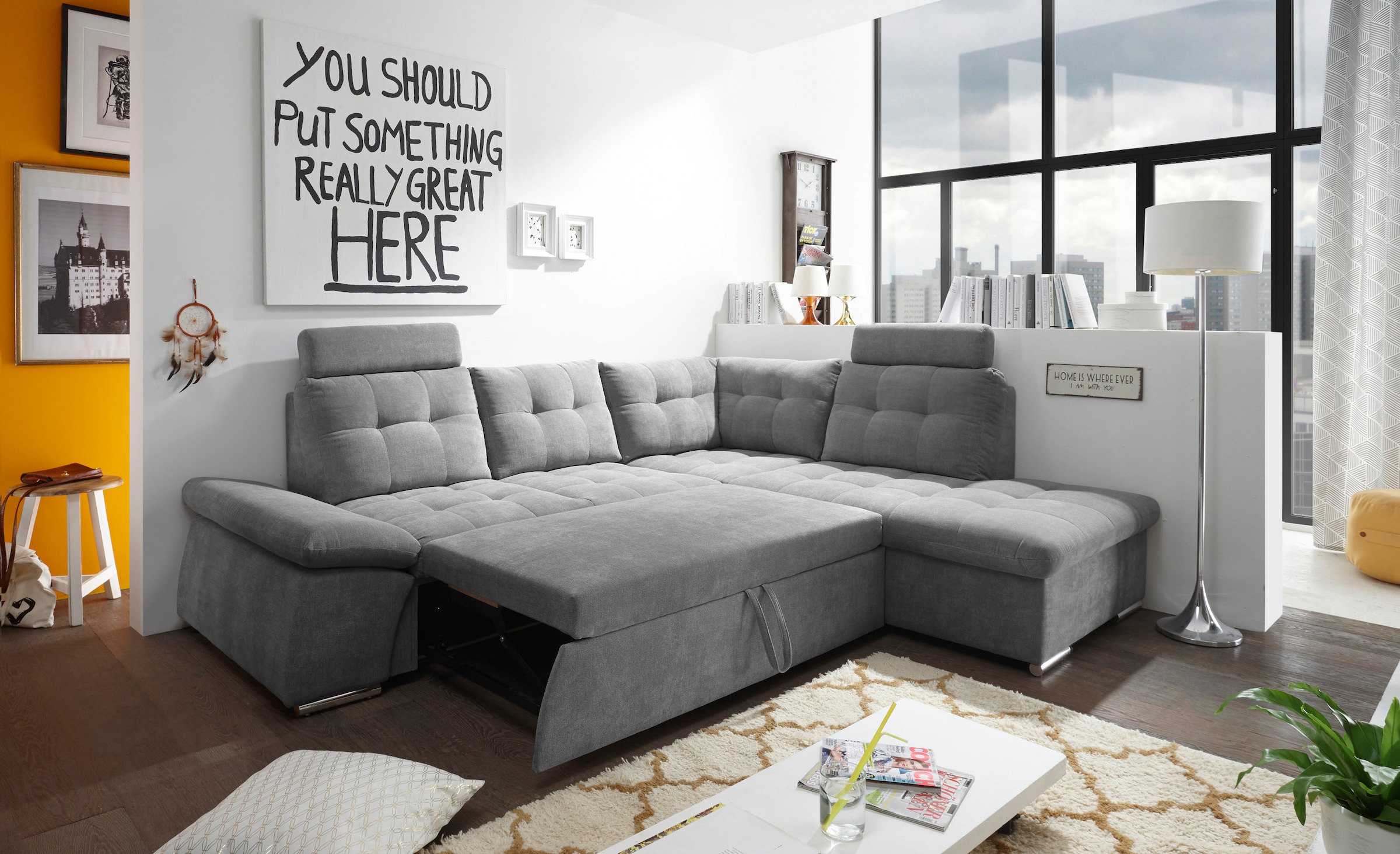 ED EXCITING DESIGN Ecksofa »Nalo L-Form«, mit Bettfunktion, Armteilverstellung, Kopfstützen & 2 Nierenkissen