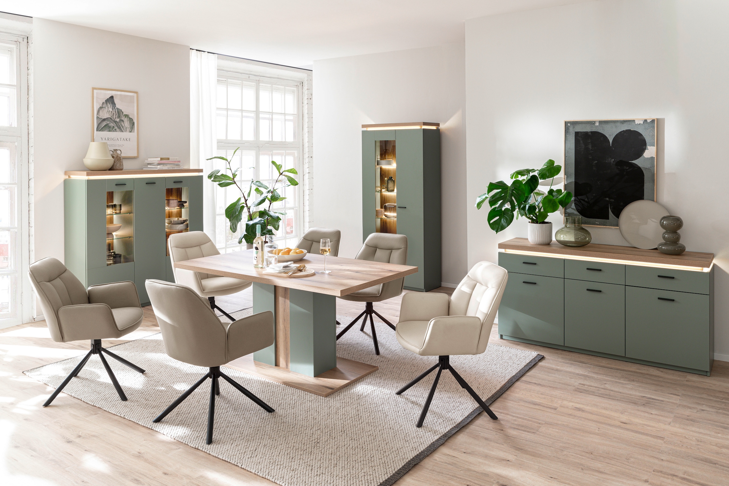 MCA furniture Highboard »MONIZ Highboard«, (1 St.), Hochkommode,Kommode,Eiche,Salbeigrün,3 Türen,gedämpft,Breite 138 cm