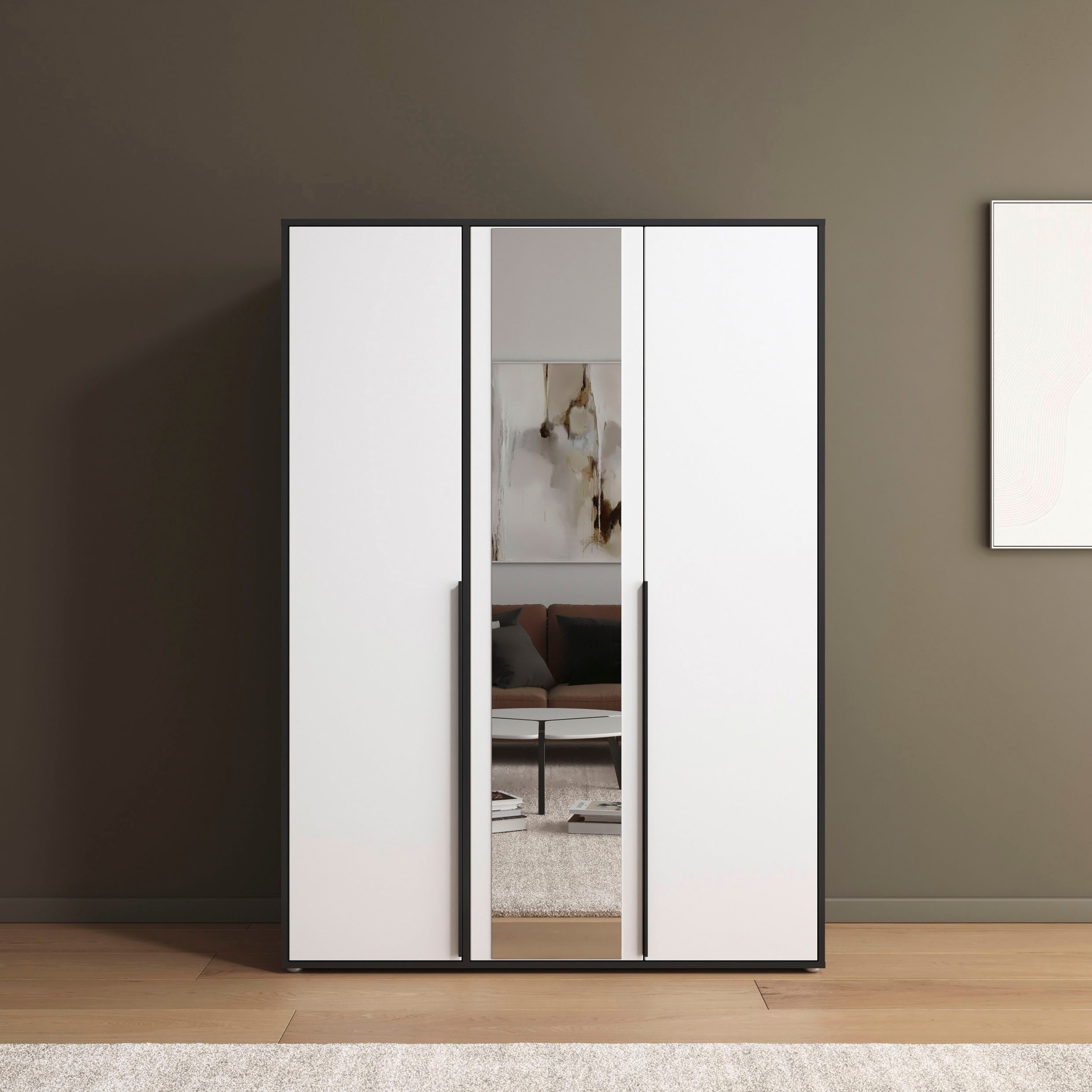 rauch Drehtürenschrank »Kleiderschrank Schrank Garderobe Wäscheschrank NAGATA mit Spiegel«, (in 3 verschiedenen Ausstattungen BASIC/CLASSIC/PREMIUM), und modernen Stangengriffen in Graumetallic TOPSELLER MADE IN GERMANY