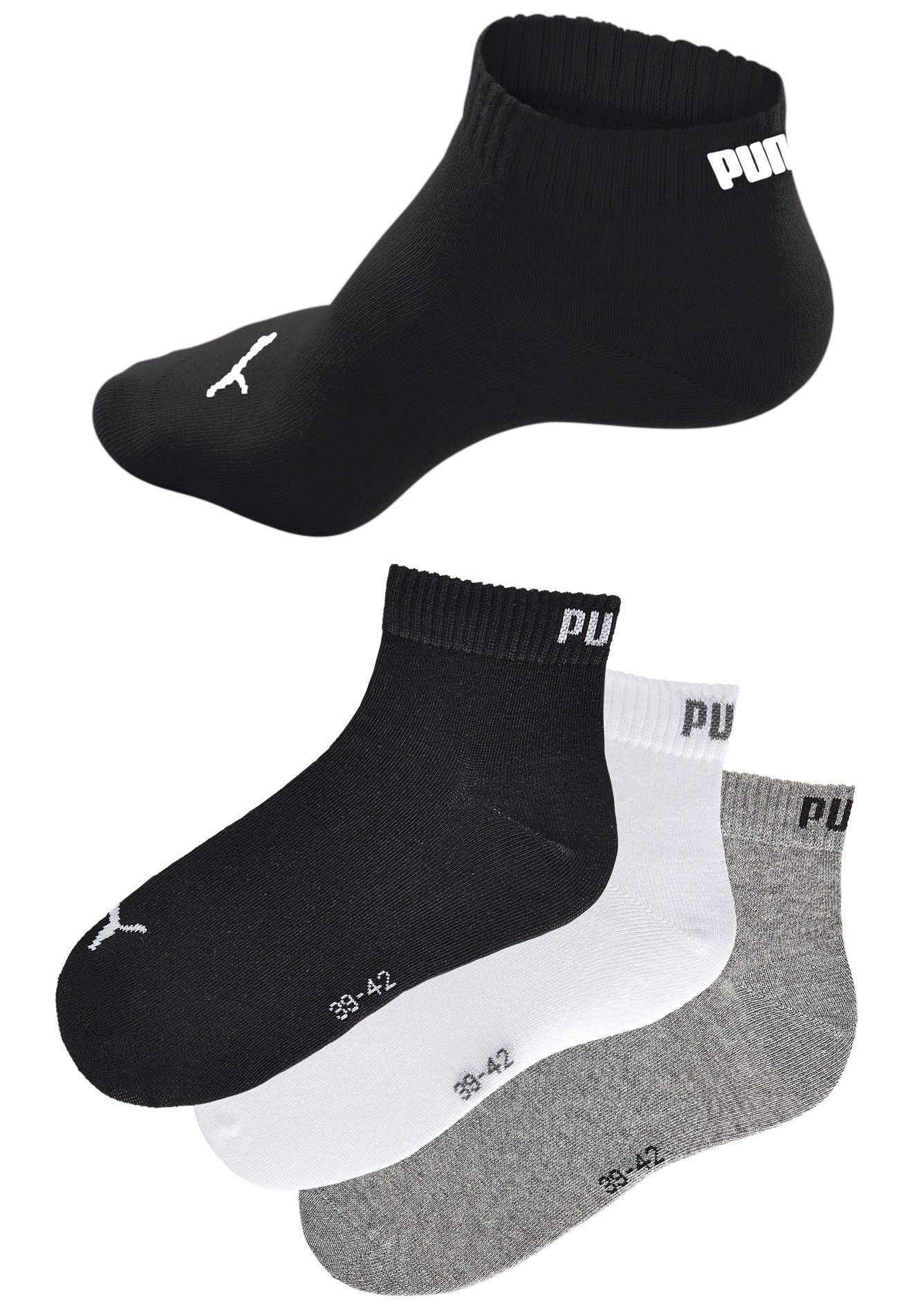 PUMA Kurzsocken, (3 Paar), Atmungsaktiv, Rippenbündchen, weiche Baumwollmischung