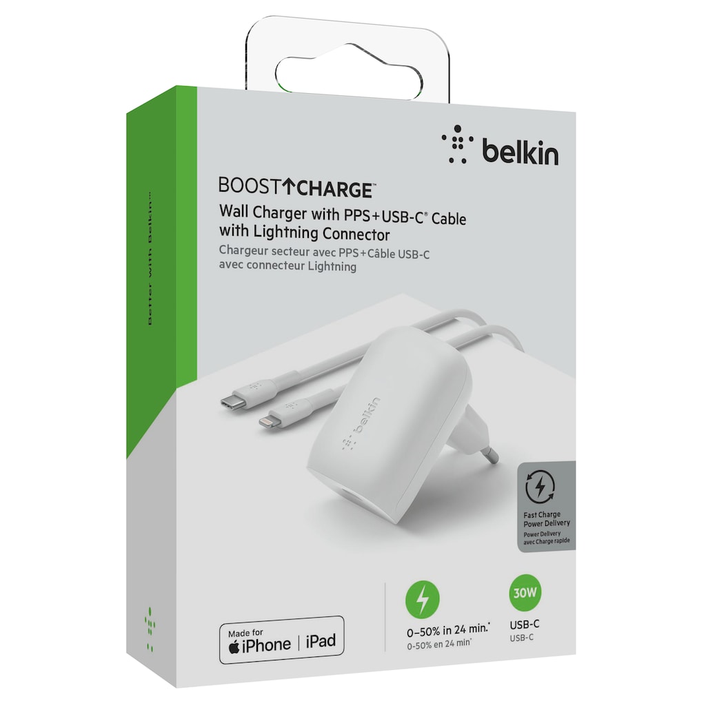 Belkin USB-Ladegerät »30W USB-C Ladegerät PD und PPS inkl. Lightning Kabel 1m«