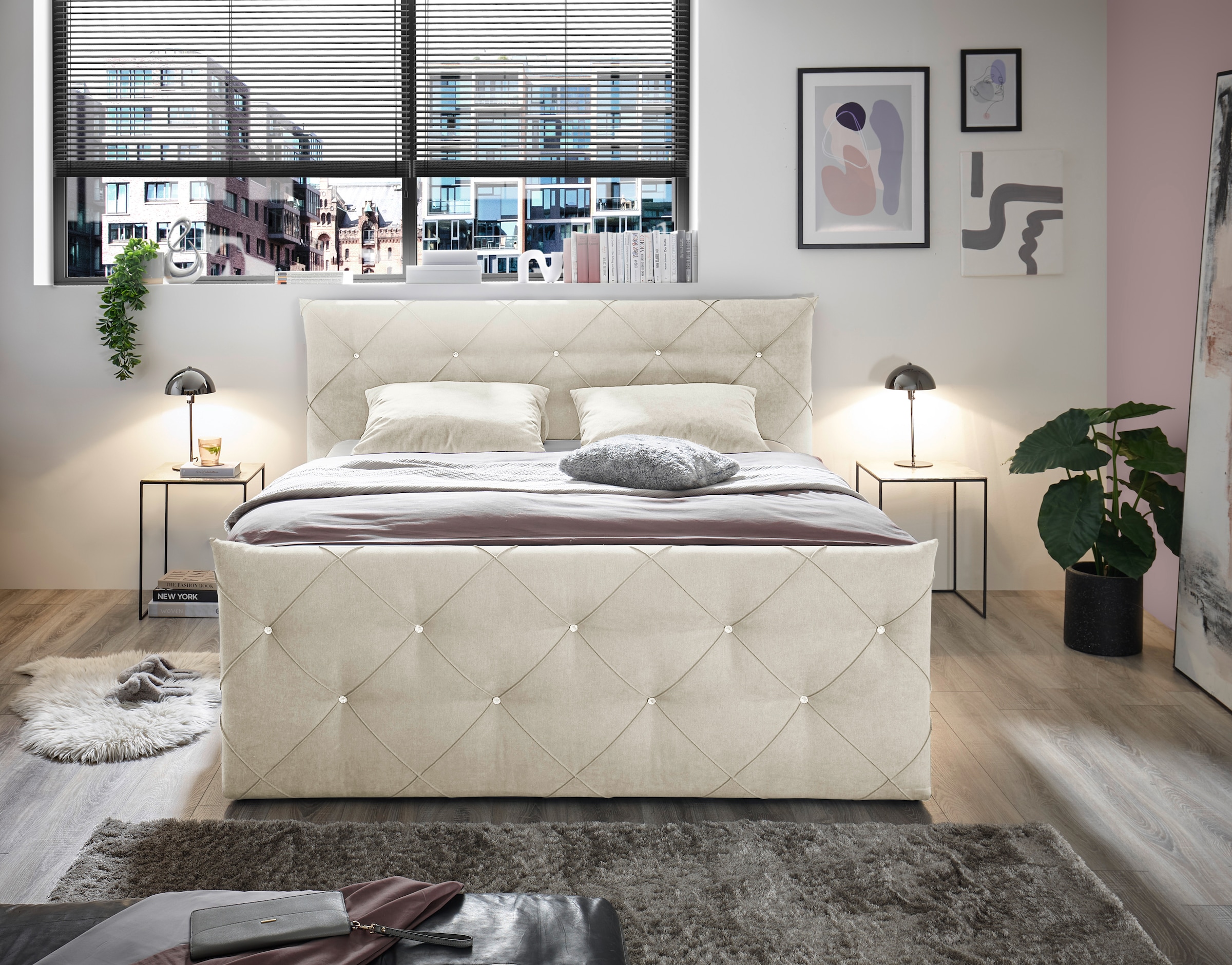 ED EXCITING DESIGN Boxspringbett »Villano«, mit Strasssteinen, Breite: 180cm, mit Bettkasten, inkl. Topper