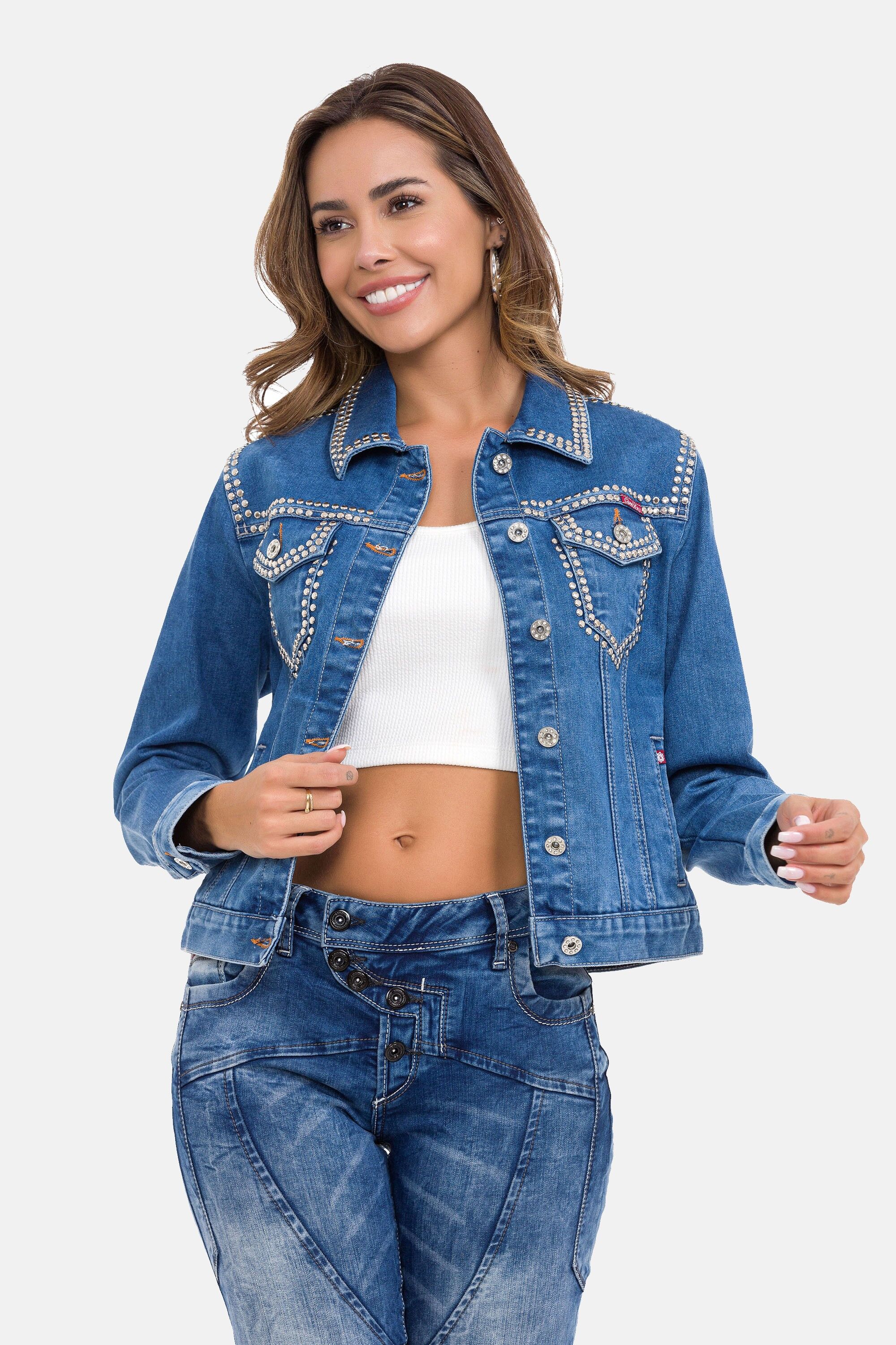 Cipo & Baxx Jeansjacke "WJ213" ohne Kapuze auffällige Nieten-Details