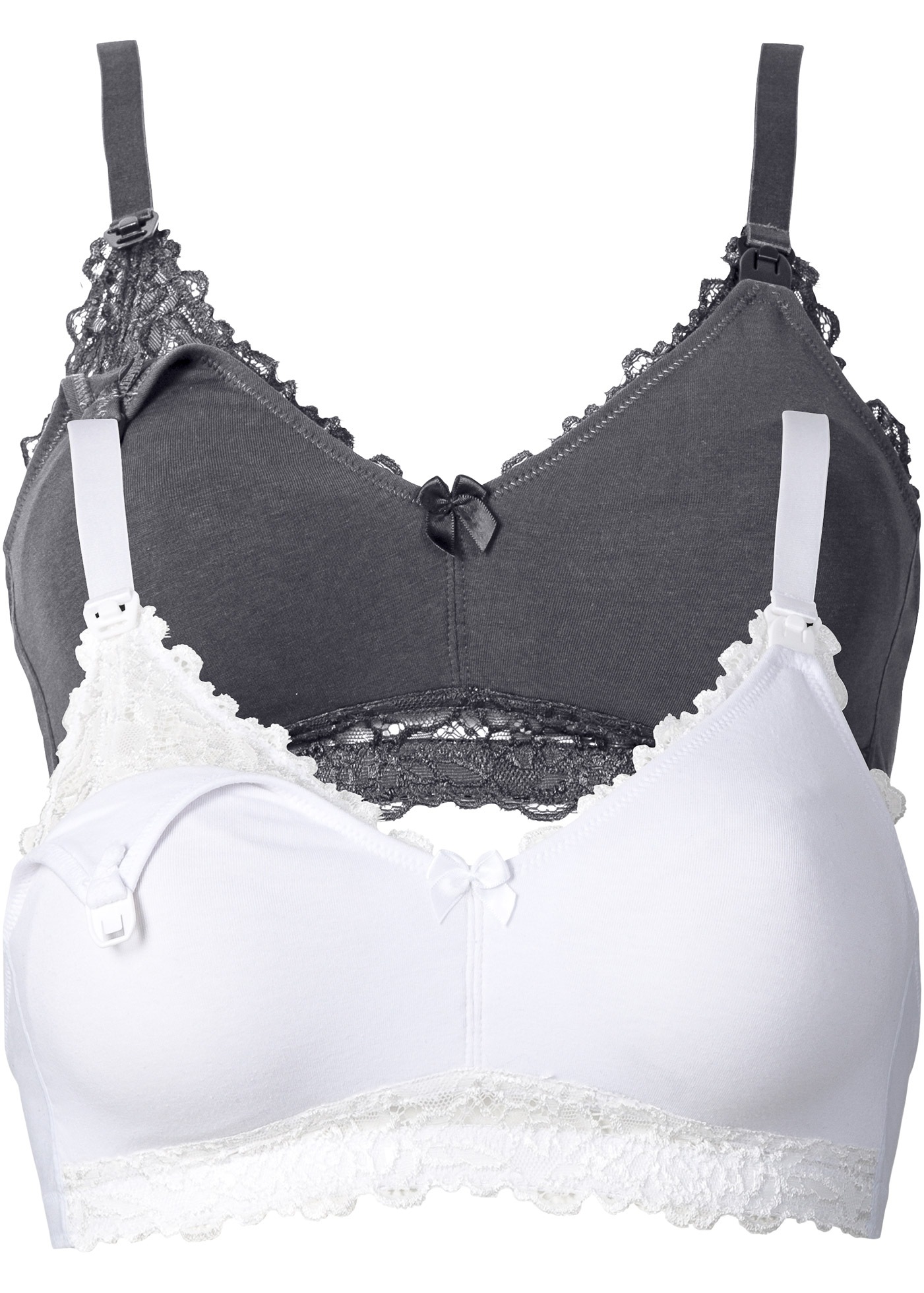Still-BH BONPRIX, Damen, Gr. 95, Cup C, anthrazit, weiß, Obermaterial: 95% Baumwolle, 5% Elasthan. Futter: 95% Baumwolle, 5% Elasthan. Spitze: 93% Polyamid, 7% Elasthan, BHs Still-BH, im praktischen Doppelpack, mit Clip-Verschluss zum einfachen Öffnen