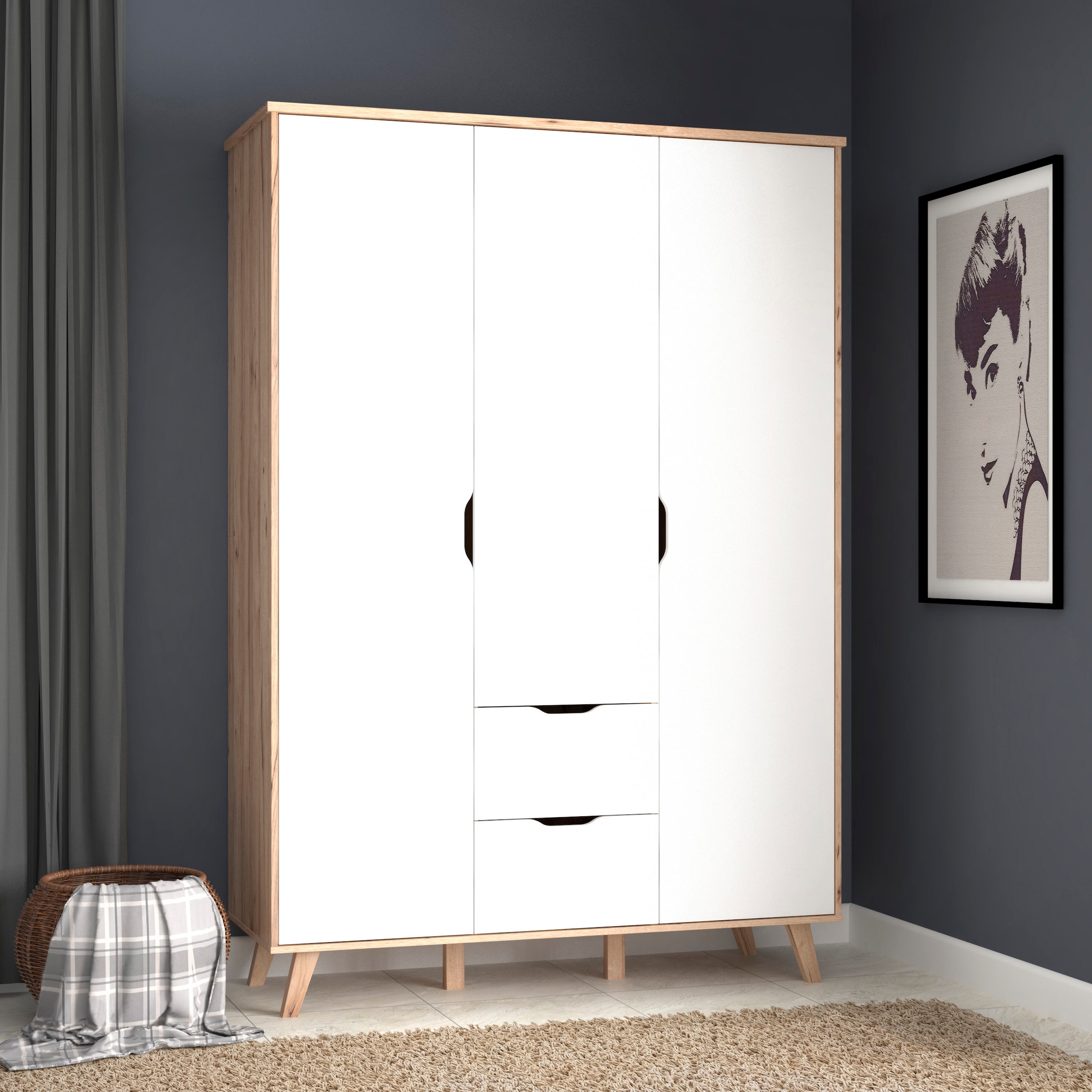 FORTE Drehtürenschrank »Vankka, Kleiderschrank, viel Stauraum,«, (B/H/T ca.140x200x52cm), Made in Europe,mit Einlegeböden+Kleiderstange+Schubladen,grifflos