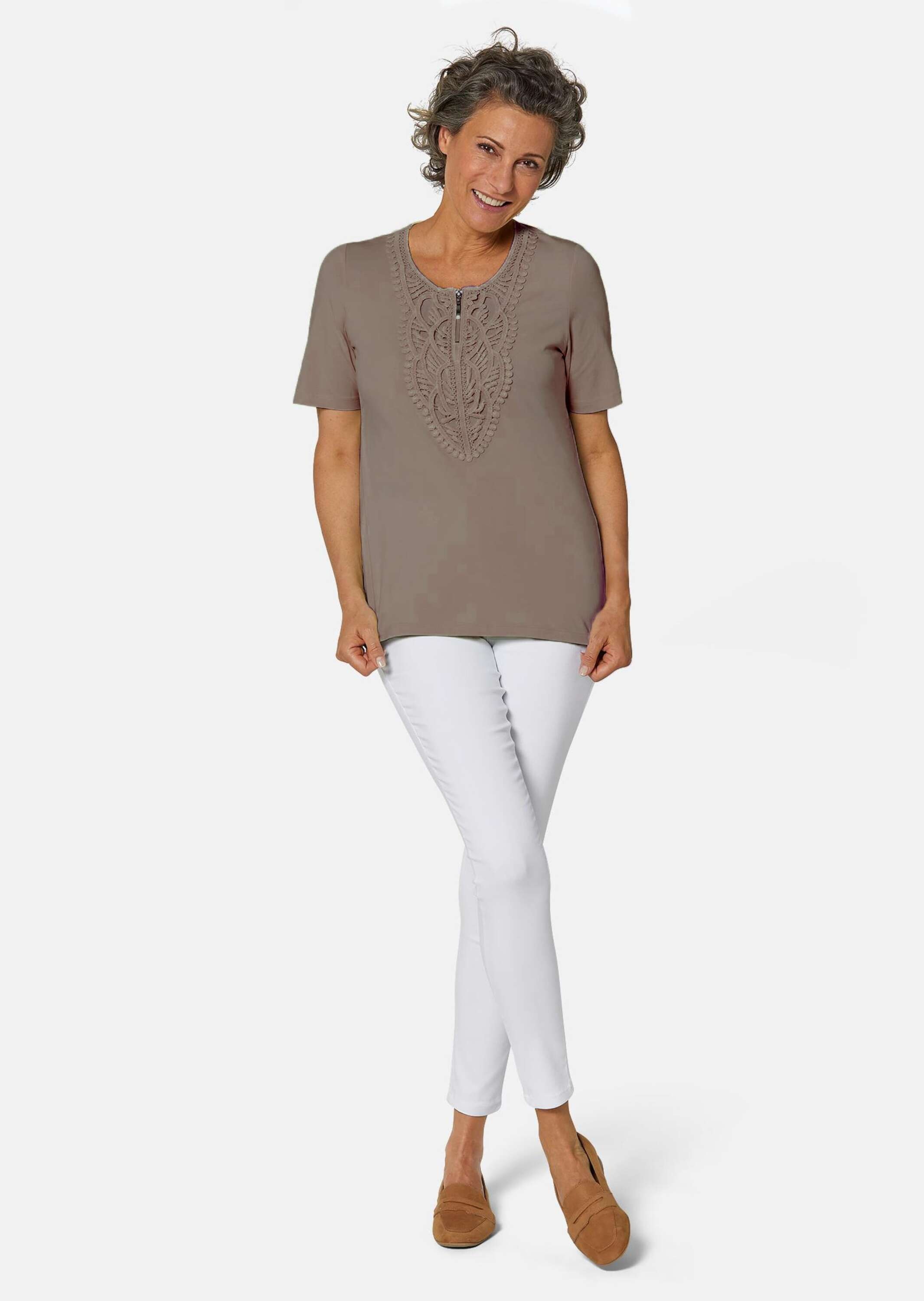 GOLDNER Kurzarmshirt "Kurzgröße Rundhalsshirt mit Häkelspitze" günstig online kaufen