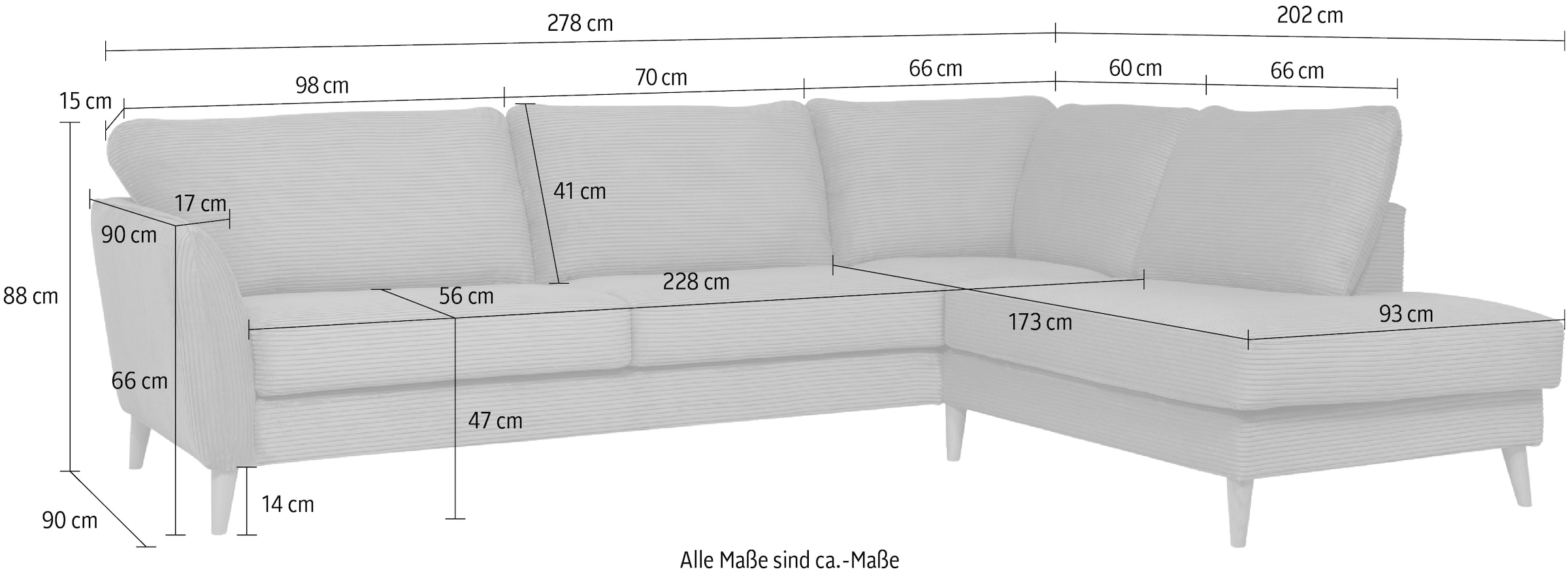 Home affaire Ecksofa »MARSEILLE 278/202 cm, L-Form, Ottom. rechts/links«, Massivholzbeine aus Eiche, in verschieden Bezügen und Farbvarianten