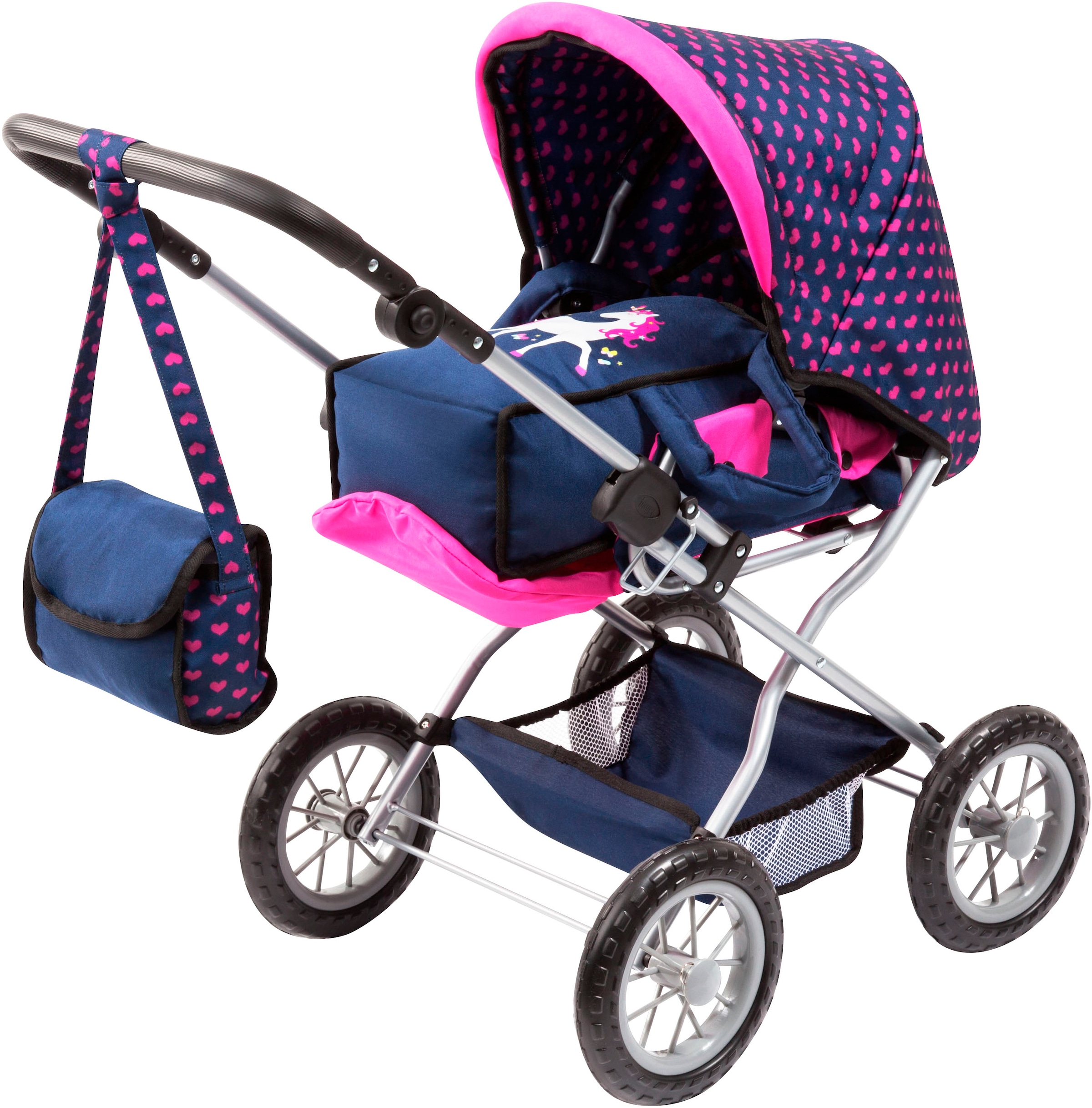 Bayer Kombi-Puppenwagen »Grande, blau/pink«, (Set), mit Reisebett, Schnuller, Geschirr und Pflegeprodukten