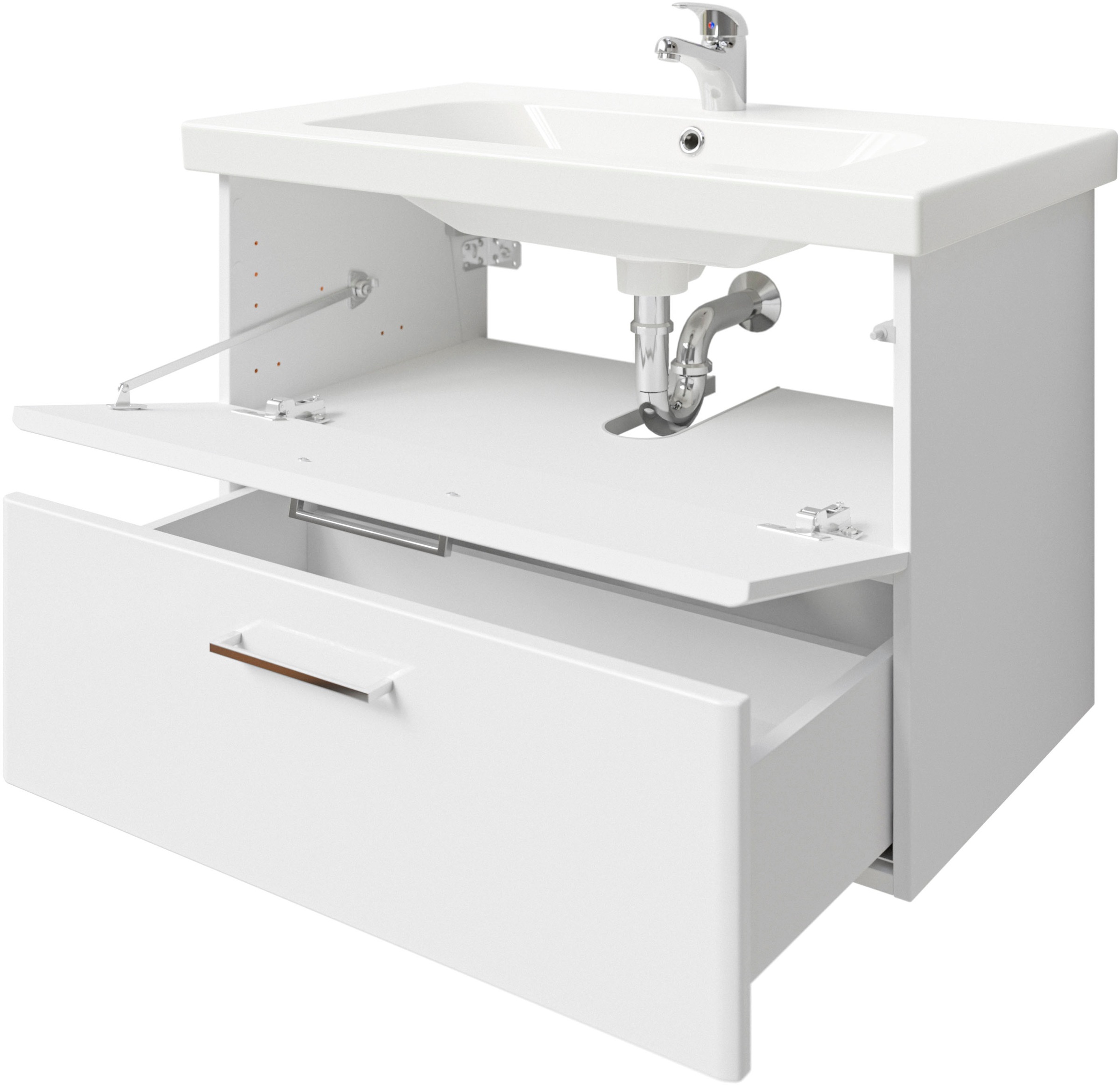 Saphir Badmöbel-Set »Quickset 316 2-teilig, Keramikwaschtisch mit LED-Spiegelschrank«, (2 St.), Waschplatz 82cm breit, 3 Türen, 1 Schublade, 1 Klappe, inkl Türdämpfer