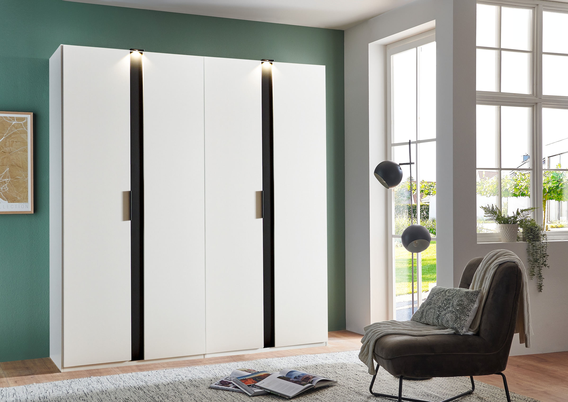 Wimex Drehtürenschrank »Rimini by fresh to go, weiß oder graphit mit schwarzen Metallgriffen«, inklusive LED Beleuchtung, 3 Breiten: 200, 250 oder 300cm, 216cm hoch