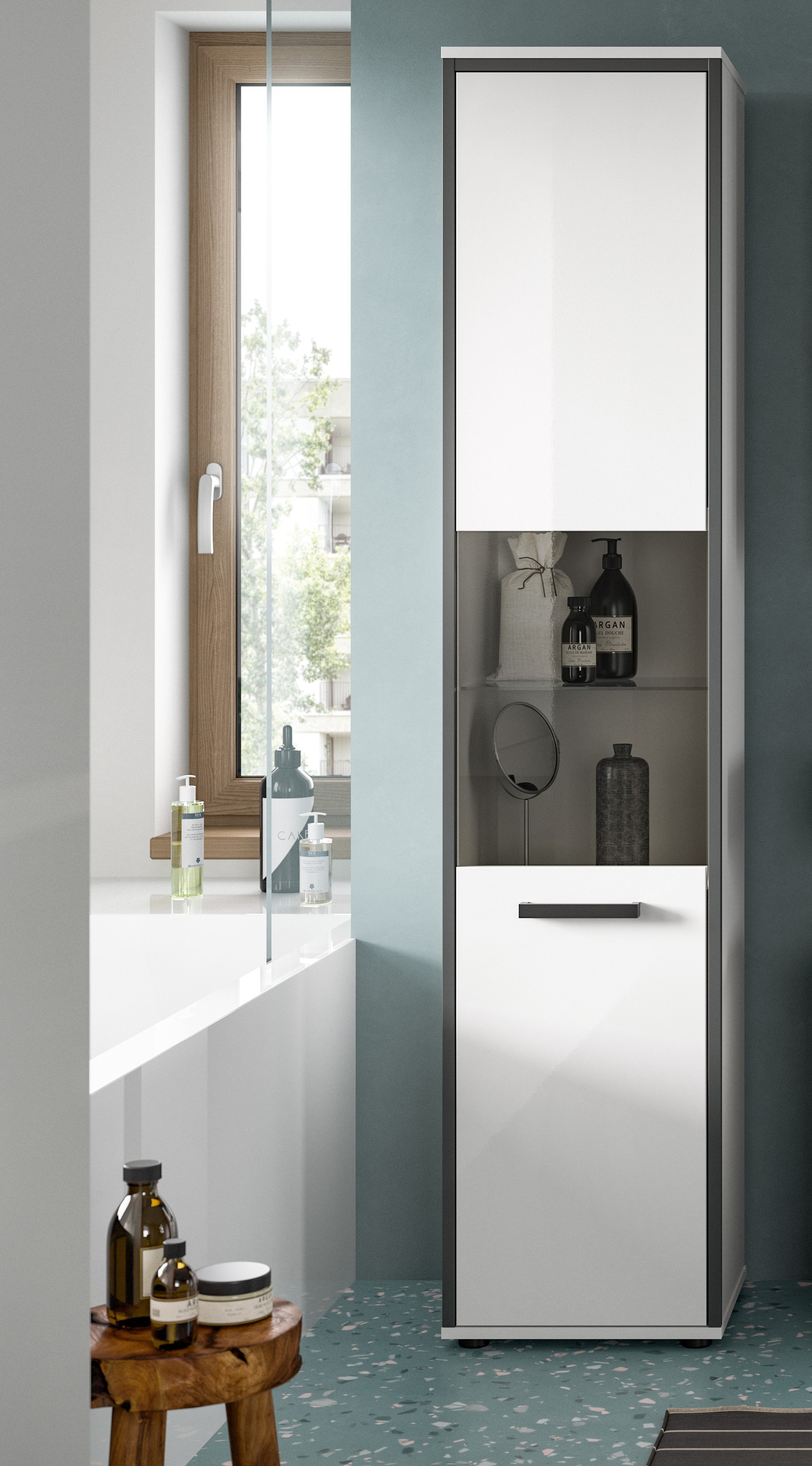 welltime Hochschrank "KAJO, hochglanz Front, Glastür, 1 Glas Einlegeboden, günstig online kaufen