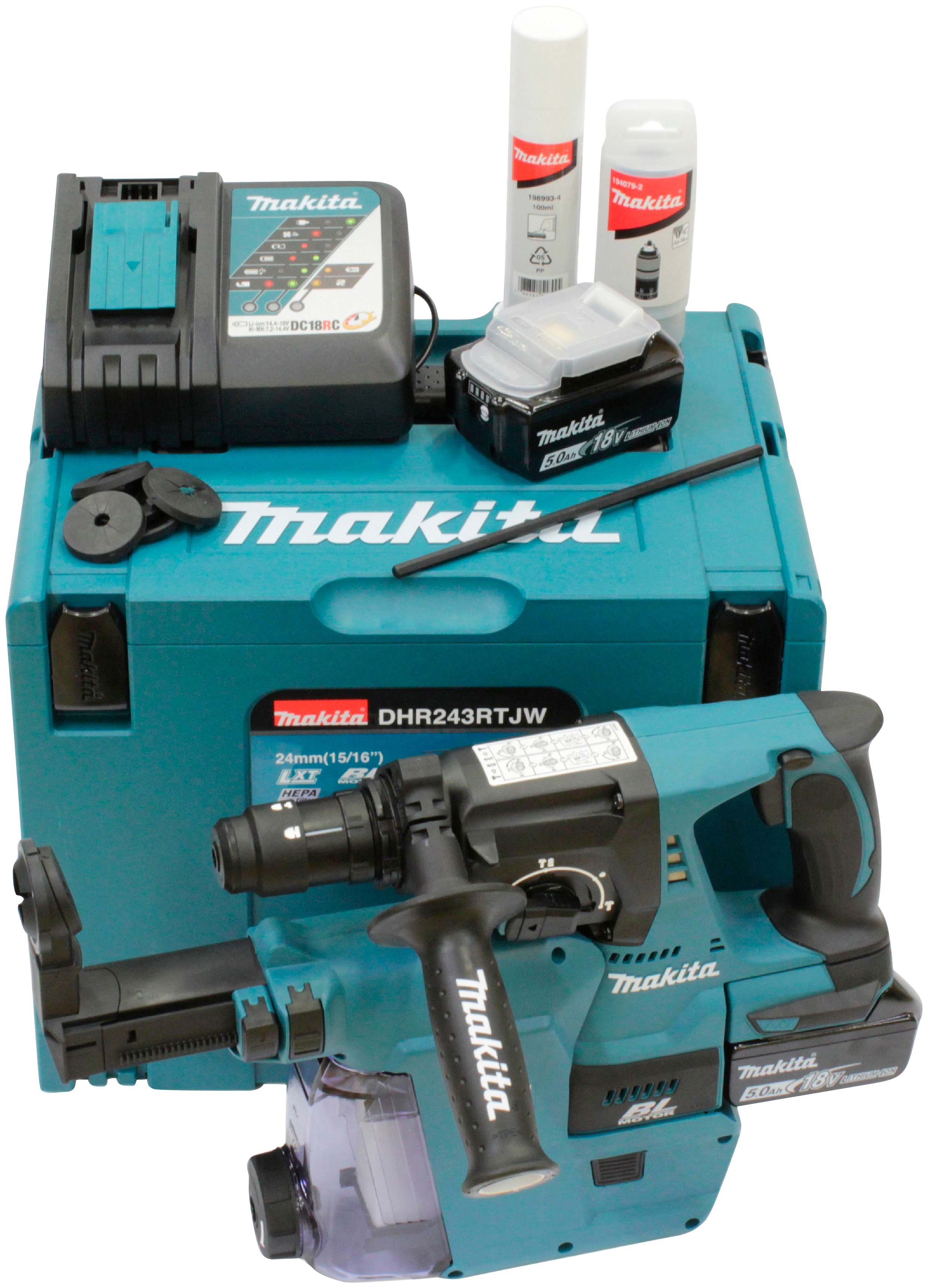 Makita Akku-Kombibohrhammer DHR243RTJW, (Set), 5 Ah, SDS+ blau Profi-Werkzeug Werkzeug Maschinen