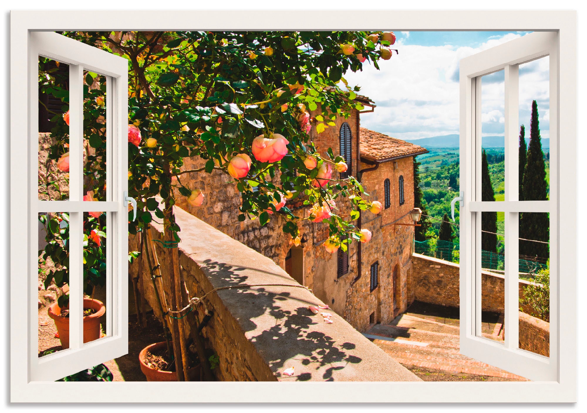 Artland Wandbild »Fensterblick Wandaufkleber auf BAUR oder als kaufen Balkon | versch. Rosen Leinwandbild, Poster in St.), Toskana«, (1 Alubild, Garten, Größen