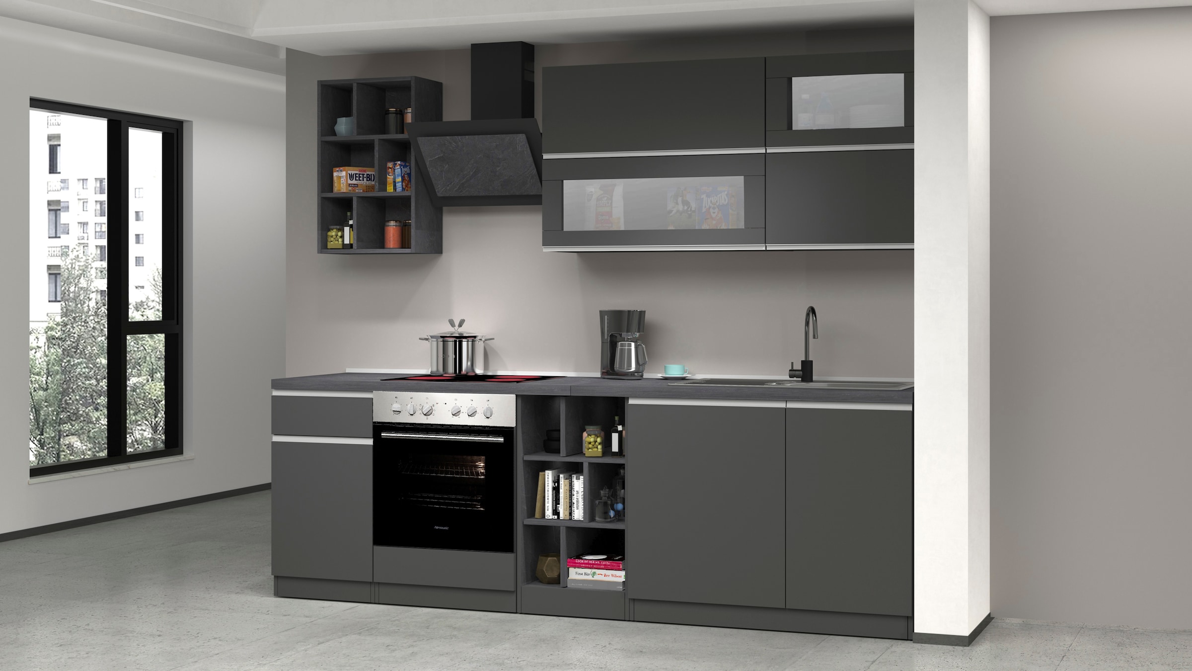 KOCHSTATION Küchenzeile »KS-Sole«, Breite 256 cm, Hängeregal, Geschirrabtropfschrank, ohne E-Geräte