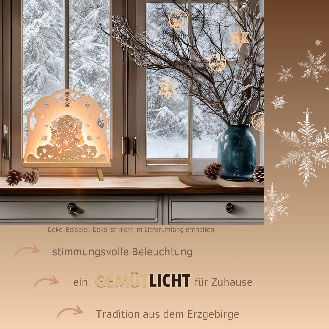 Weigla Lichterbogen »Engel in Wolke, Dekoleuchte aus Holz, NATUR«, Erzgebirge garantiert, Weihnachtsdeko Innen, Weihnachtsbeleuchtung