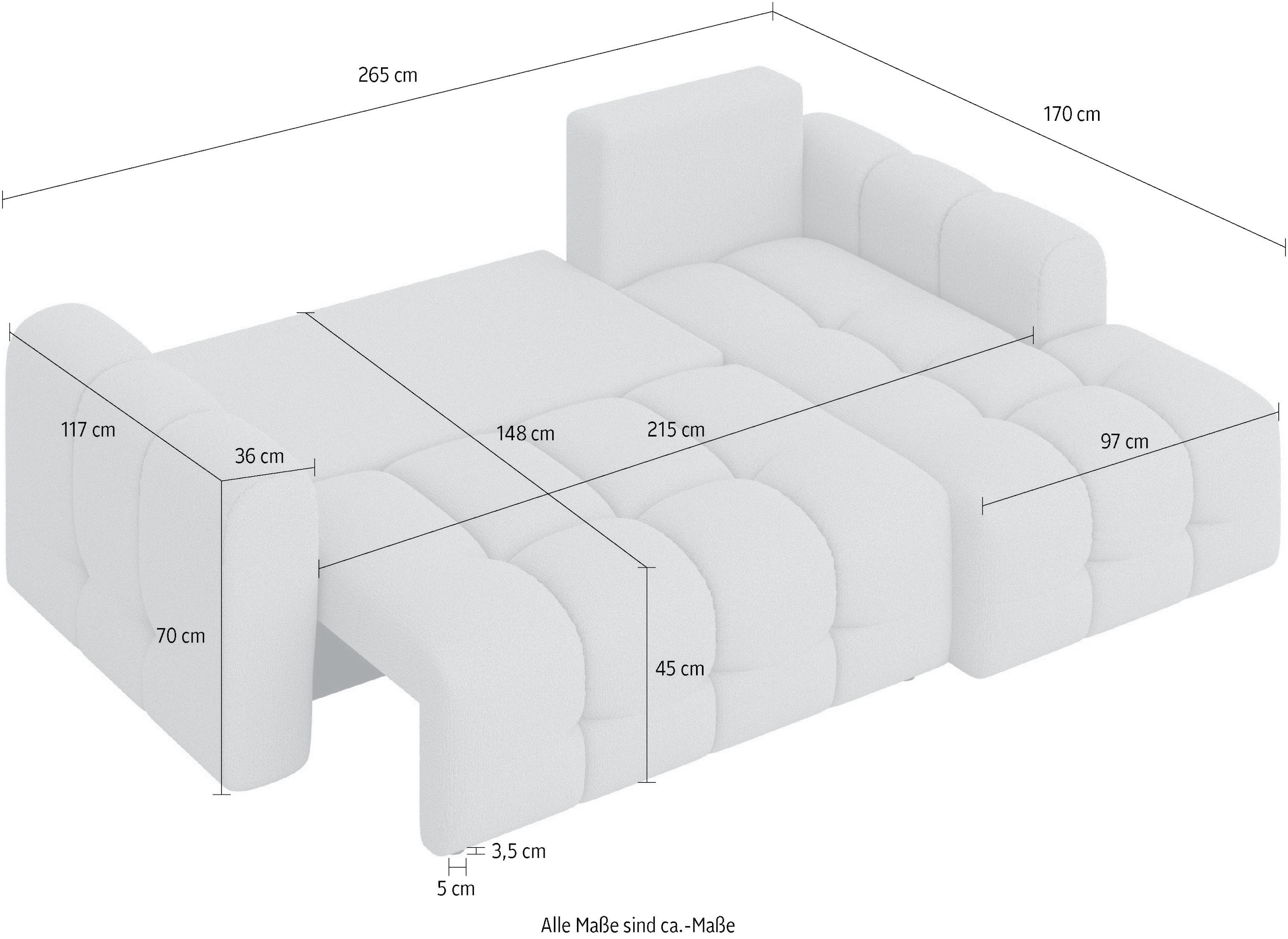 INOSIGN Ecksofa »Manilla, wahlweise mit Bettfunktion, B/T/H 265/170/91 cm«, L-Form mit Recamiere rechts/links bestellbar, Wellenunterfederung