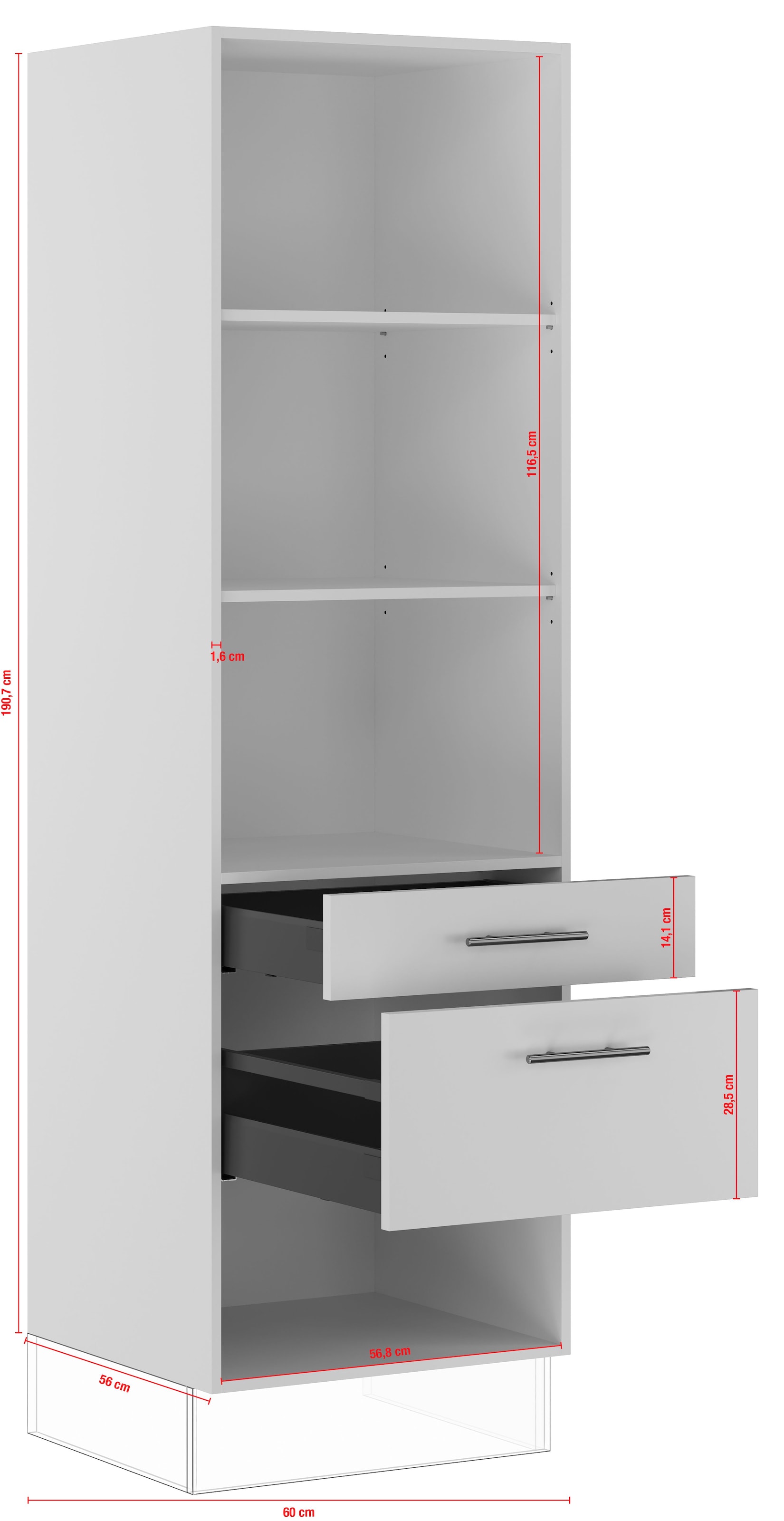 IMPULS KÜCHEN Seitenschrank »"Prag", Breite/Höhe: 60/190,7 cm, mit Soft-Close«, vormontiert, mit Schubkasten, mit Auszug, mit verstellbaren Fachböden