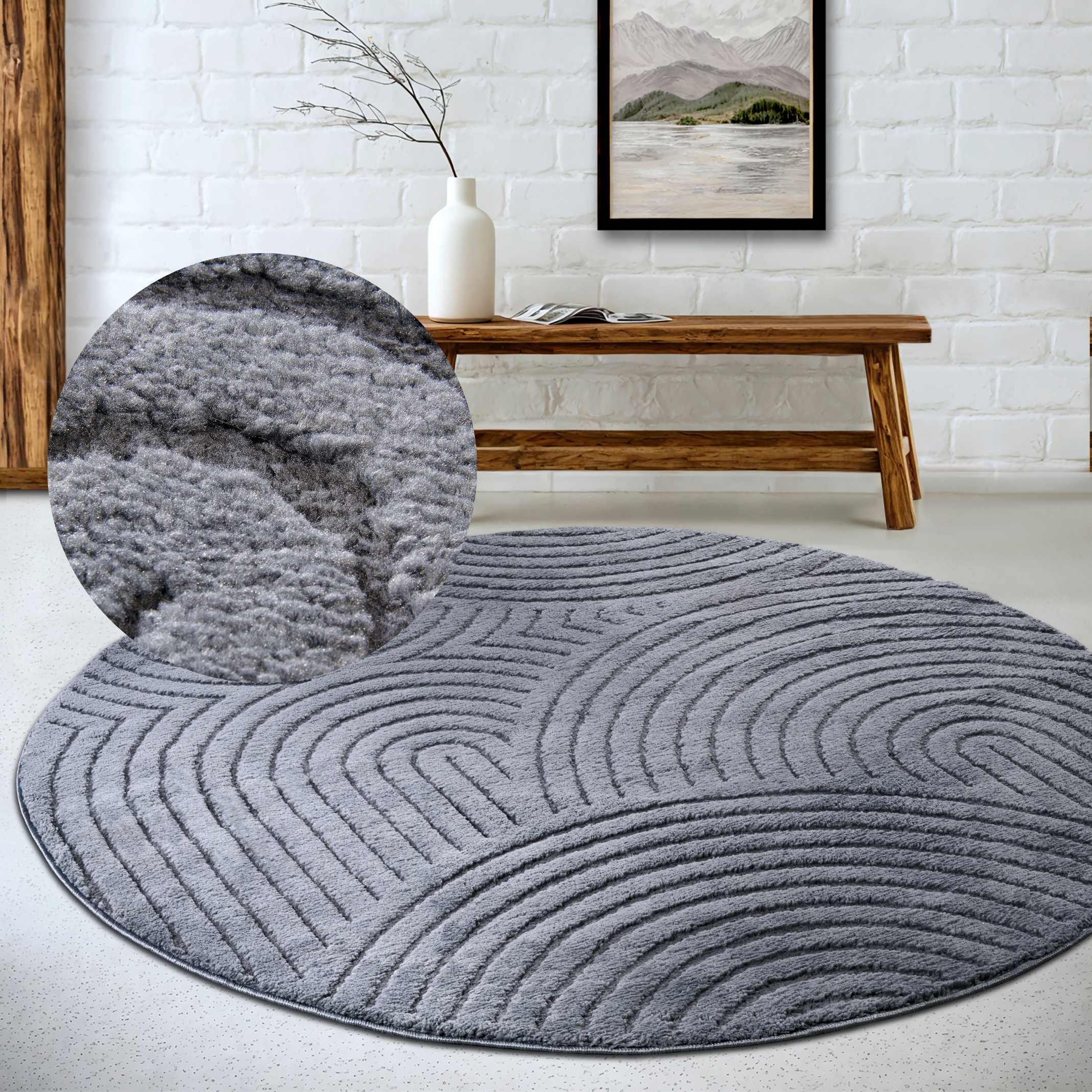 ELLE DECORATION Designteppich "Cosy Panglao, auch als Rundteppich erhältlich" rund 14 mm Höhe uni Kurzflor, Hoch Tief Struktur, modern, Skandi, Boho, Wohnzimmer