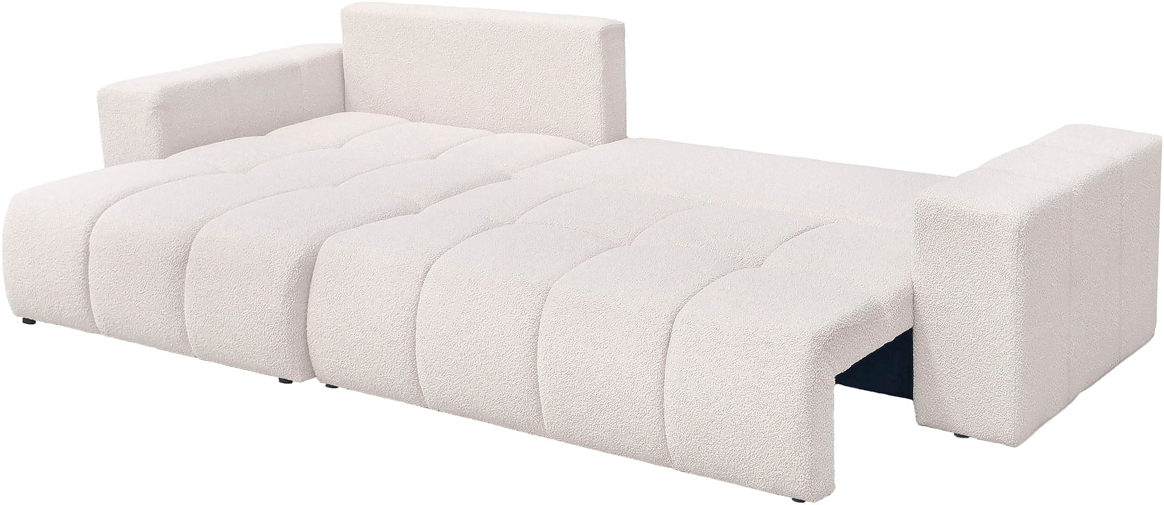 WERK2 Ecksofa »Ofi XL L-Form Sofa in Bubble-Optik mit Schlaffunktion und Bettkasten« Trendstoff Bouclé – Ottomane beidseitig montierbar, inkl. 2 Zierkissen