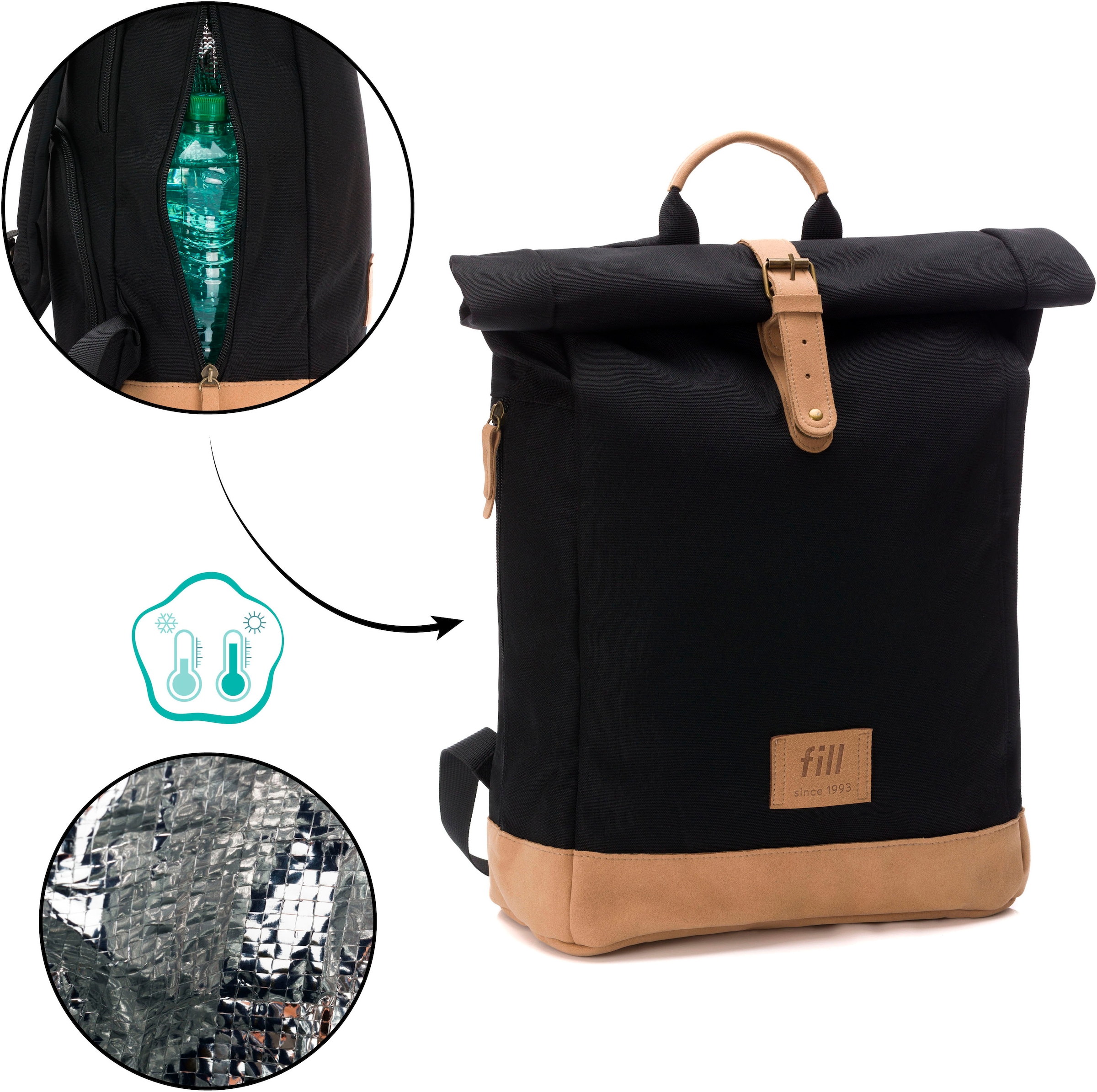 Fillikid Wickelrucksack »Rolltop Berlin schwarz« Reflektoren inkl. Wickeltunterlage