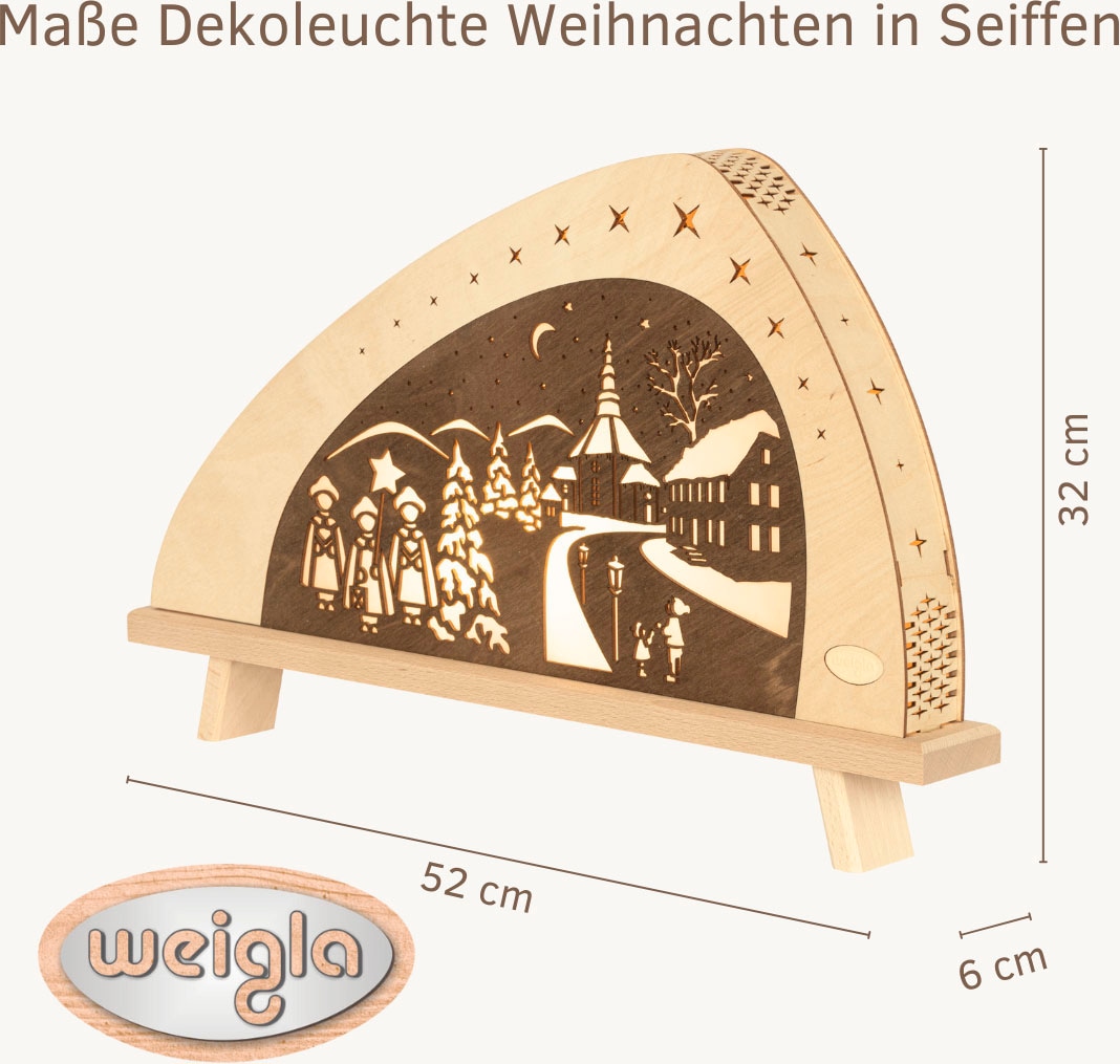 Weigla LED Lichterbogen »Weihnachten in Seiffen, Dekolampe asymmetrisch aus Holz NATUR-BRAUN«, Erzgebirge garantiert, Weihnachtsdeko Innen, Weihnachtsbeleuchtung